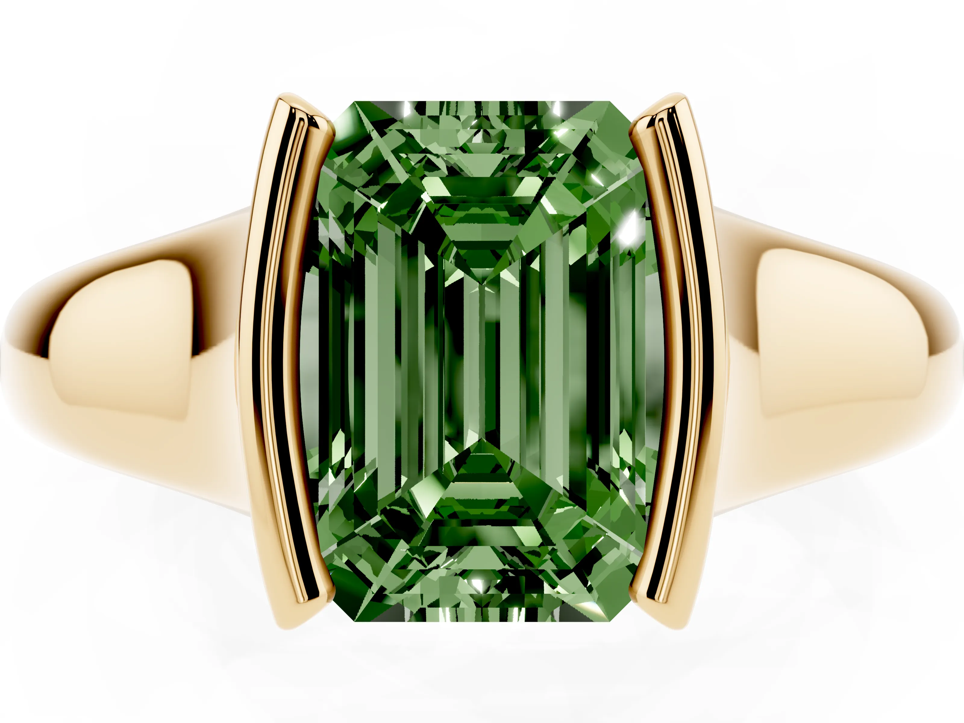 Fancy Green Emerald Cut Diamond Solitaire Tension Set Ring Set in Yellow gold with Split Shank Band