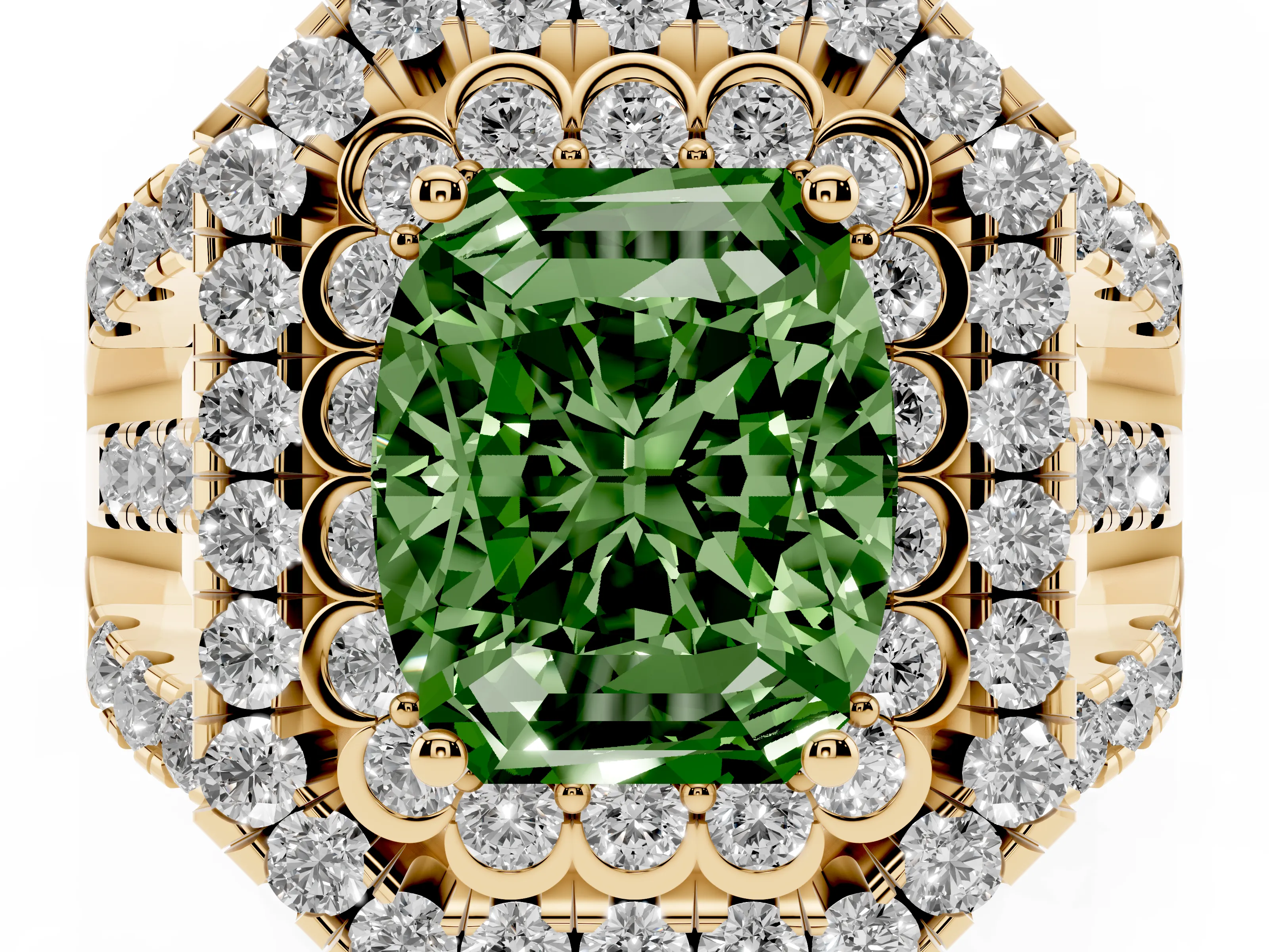 Fancy Green Emerald Cut Diamond Double Halo Ring Set in Yellow gold with Round Pavé Split Shank