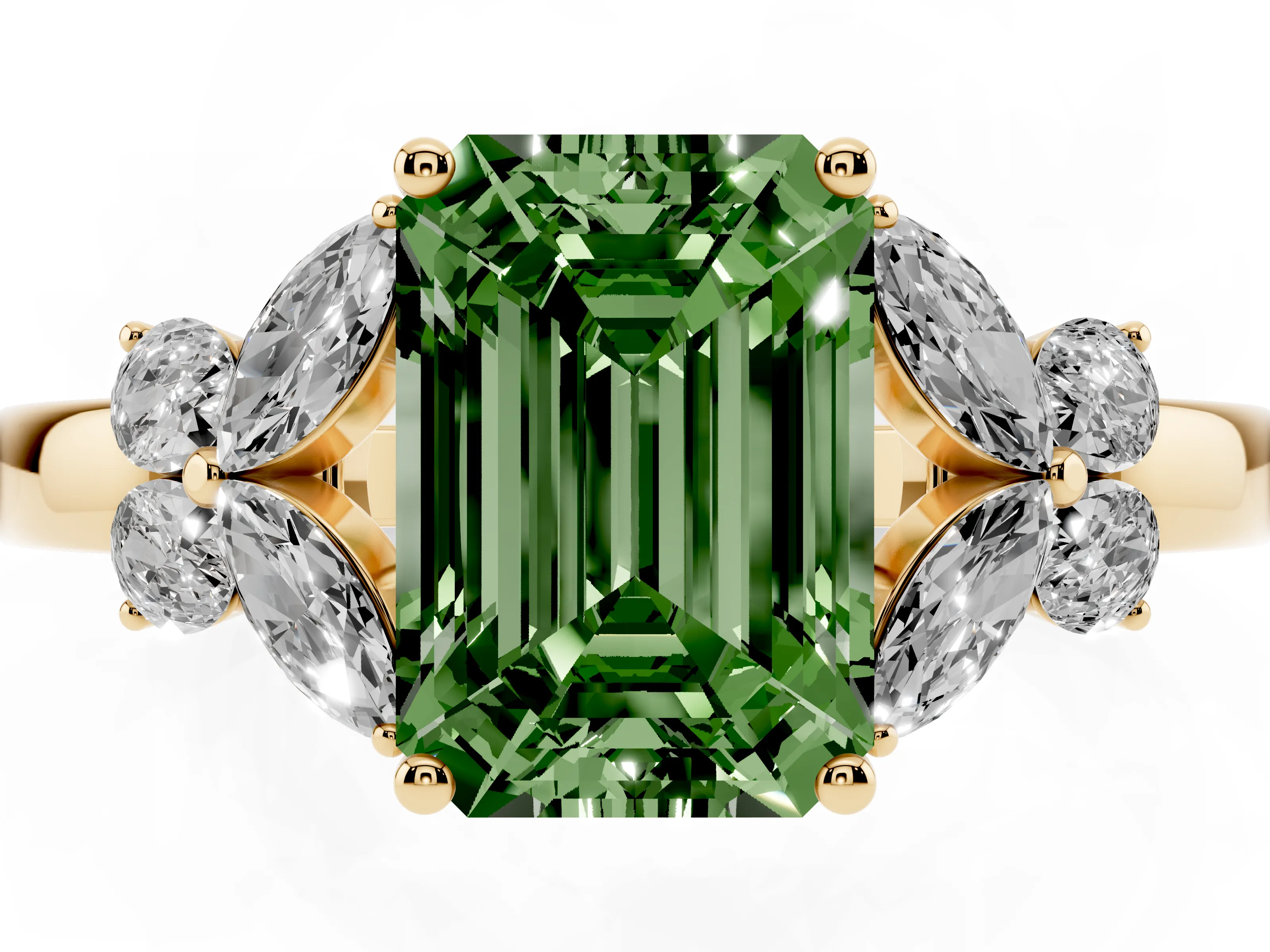 Fancy Green Emerald Cut Diamond Solitaire Floral Ring Set in Yellow gold with Marquise Petals and Prong Setting