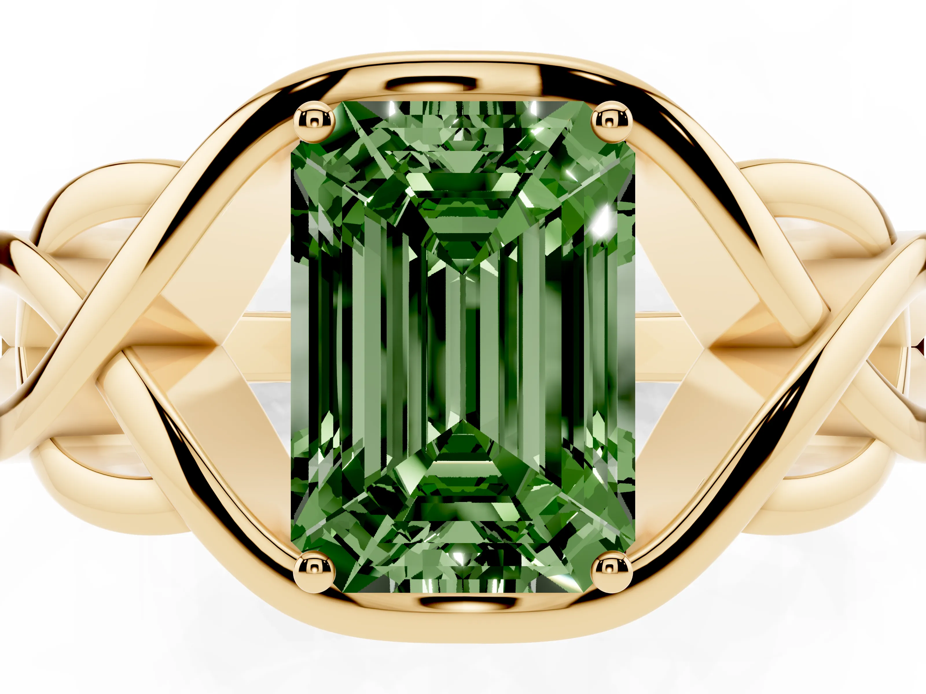 Fancy Green Emerald Cut Diamond Solitaire Ring Set in Yellow gold with Intertwined Band