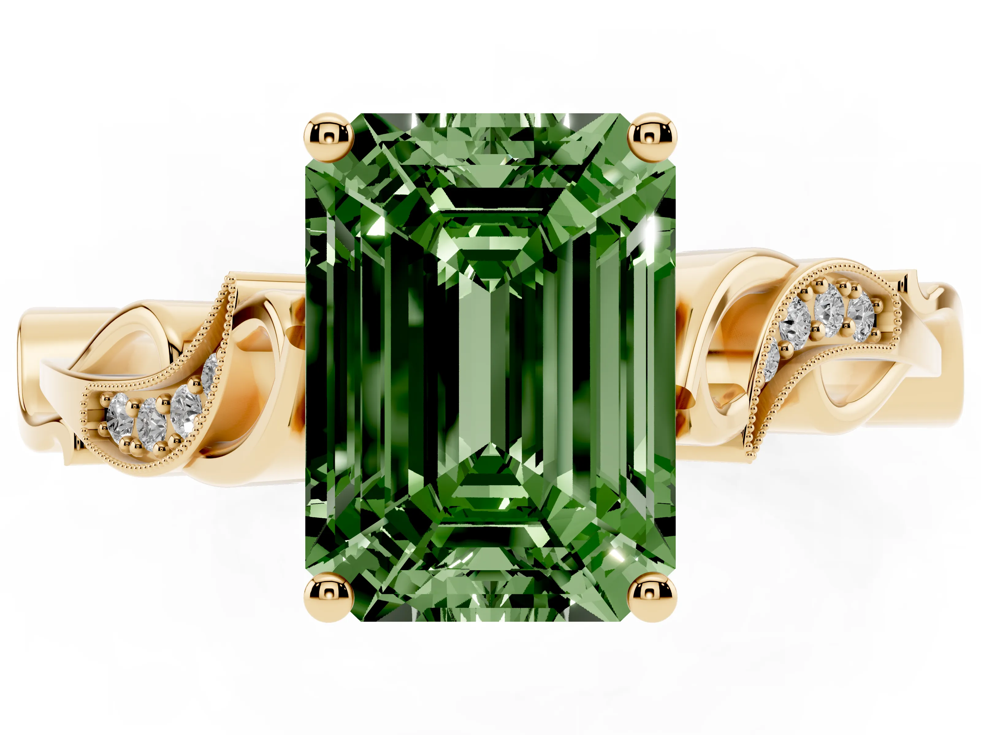 Fancy Green Emerald Cut Diamond Vine Band Solitaire Ring Set in Yellow gold with Milgrain Prong Setting