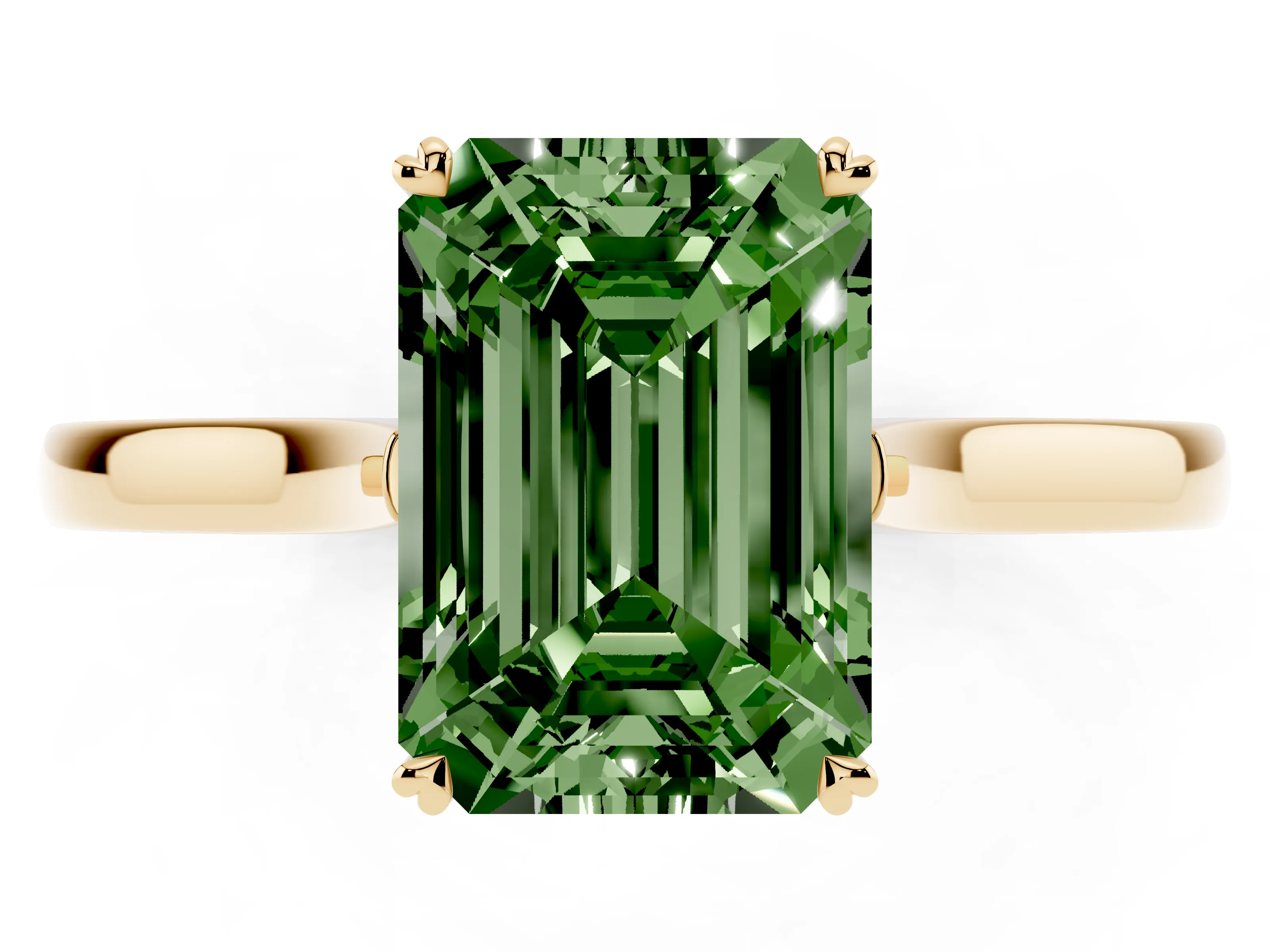Fancy Green Emerald Cut Diamond Solitaire Heart Prong Engagement Ring Set in Yellow gold with Tapered Band