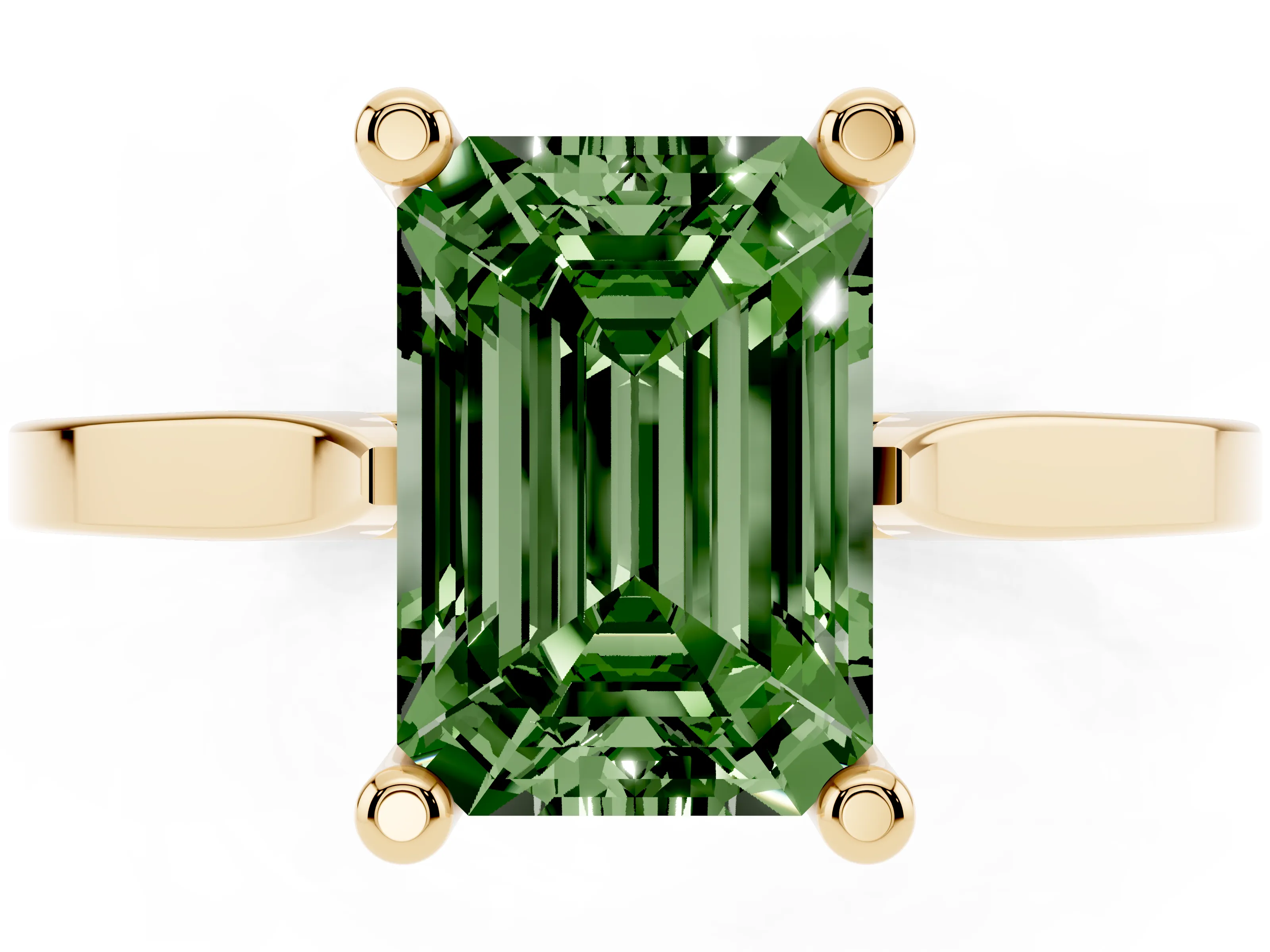 Fancy Green Emerald Cut Diamond Solitaire Ring Set in Yellow gold with Prong Setting and Tapered Band