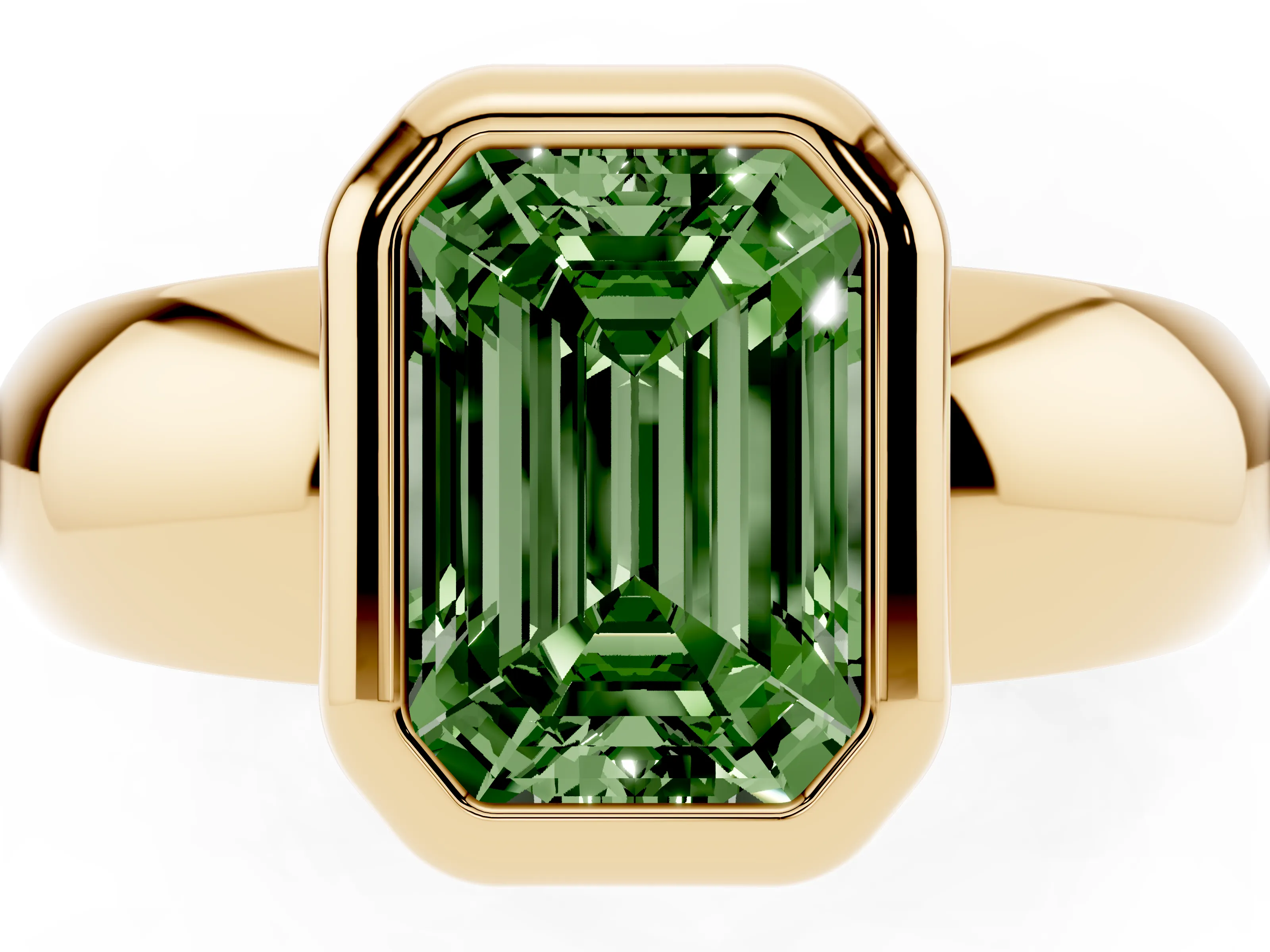 Fancy Green Bezel Set Emerald Cut Diamond Solitaire Ring Set in Yellow gold with Wide Band
