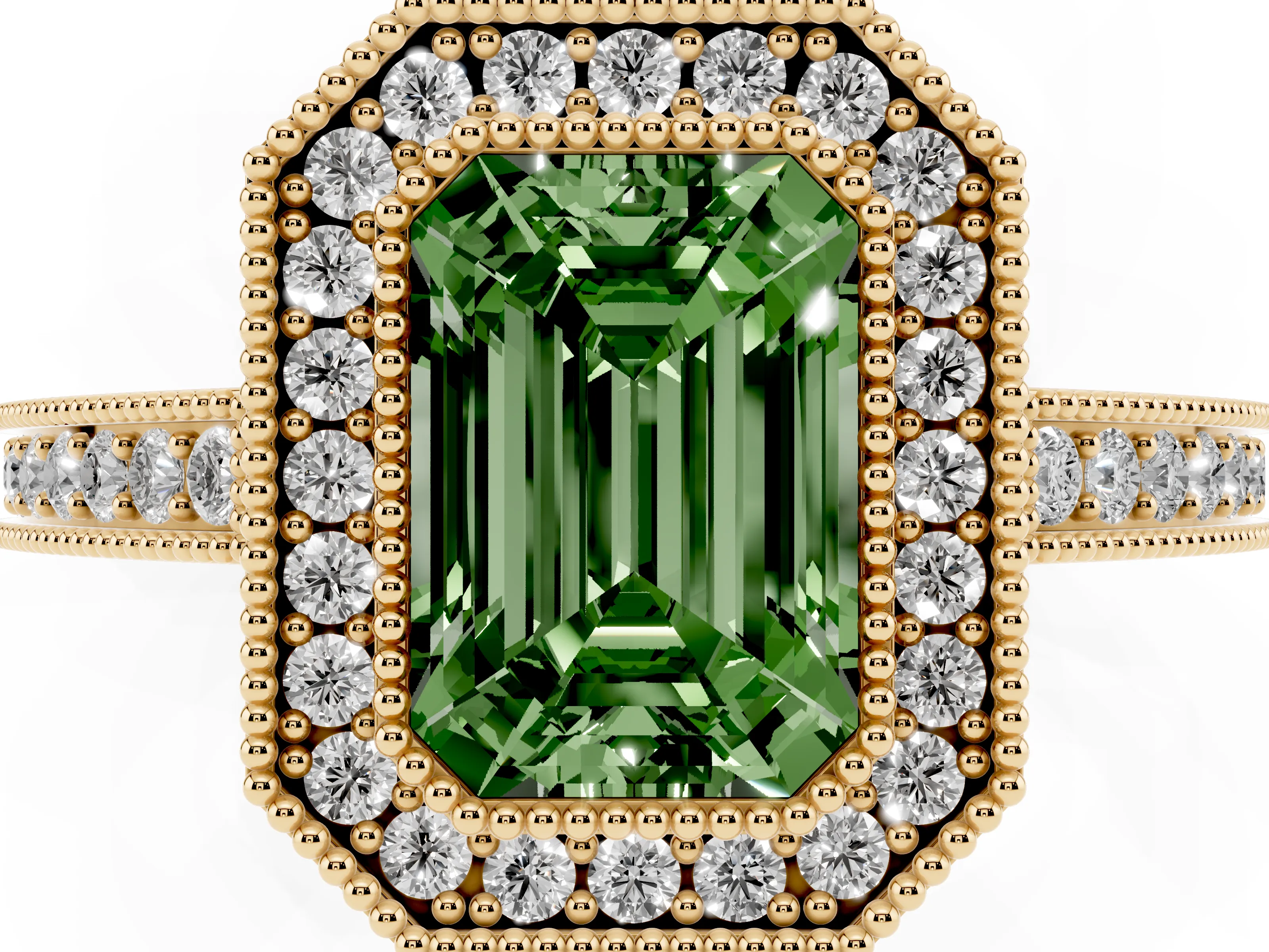 Fancy Green Emerald Cut Diamond Round Halo Ring Set in Yellow gold with Pavé Band