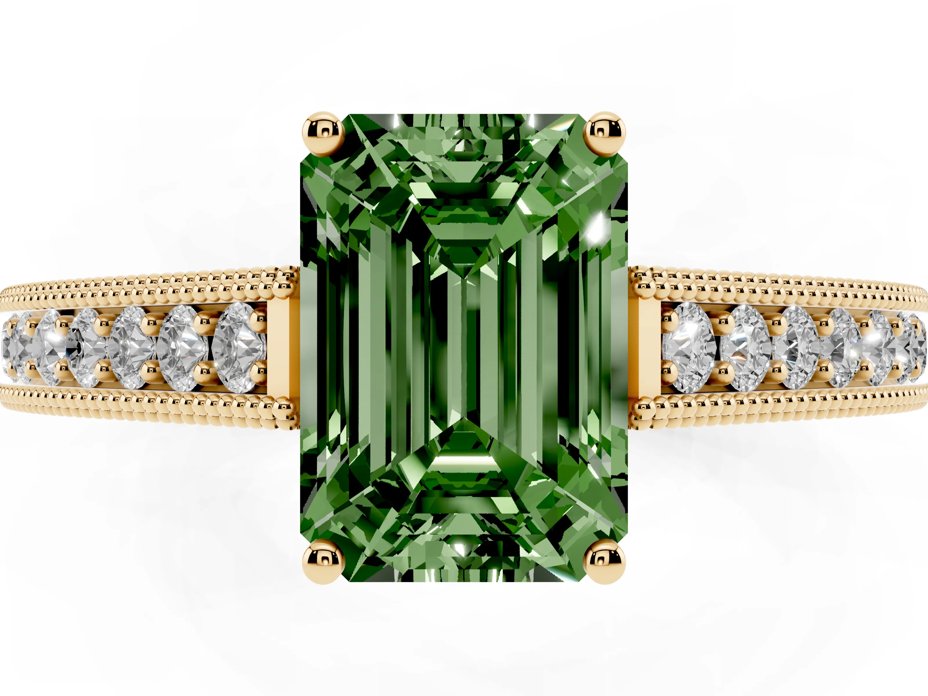 Fancy Green Emerald Cut Diamond Milgrain Pavé Band Solitaire Ring Set in Yellow gold with Prong Setting