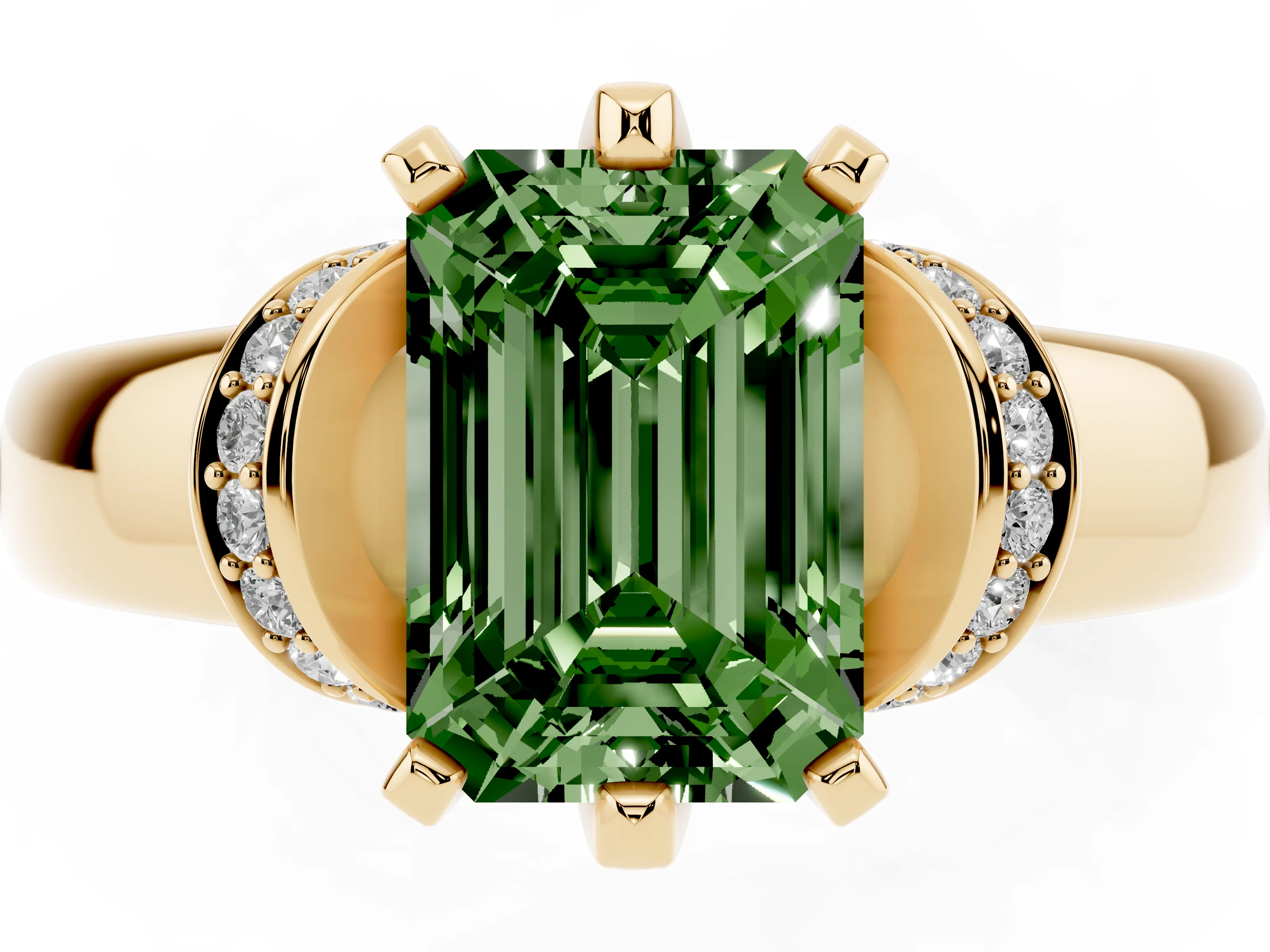 Fancy Green Emerald Cut Diamond Pavé Band Solitaire Ring Set in Yellow gold with Prong Setting