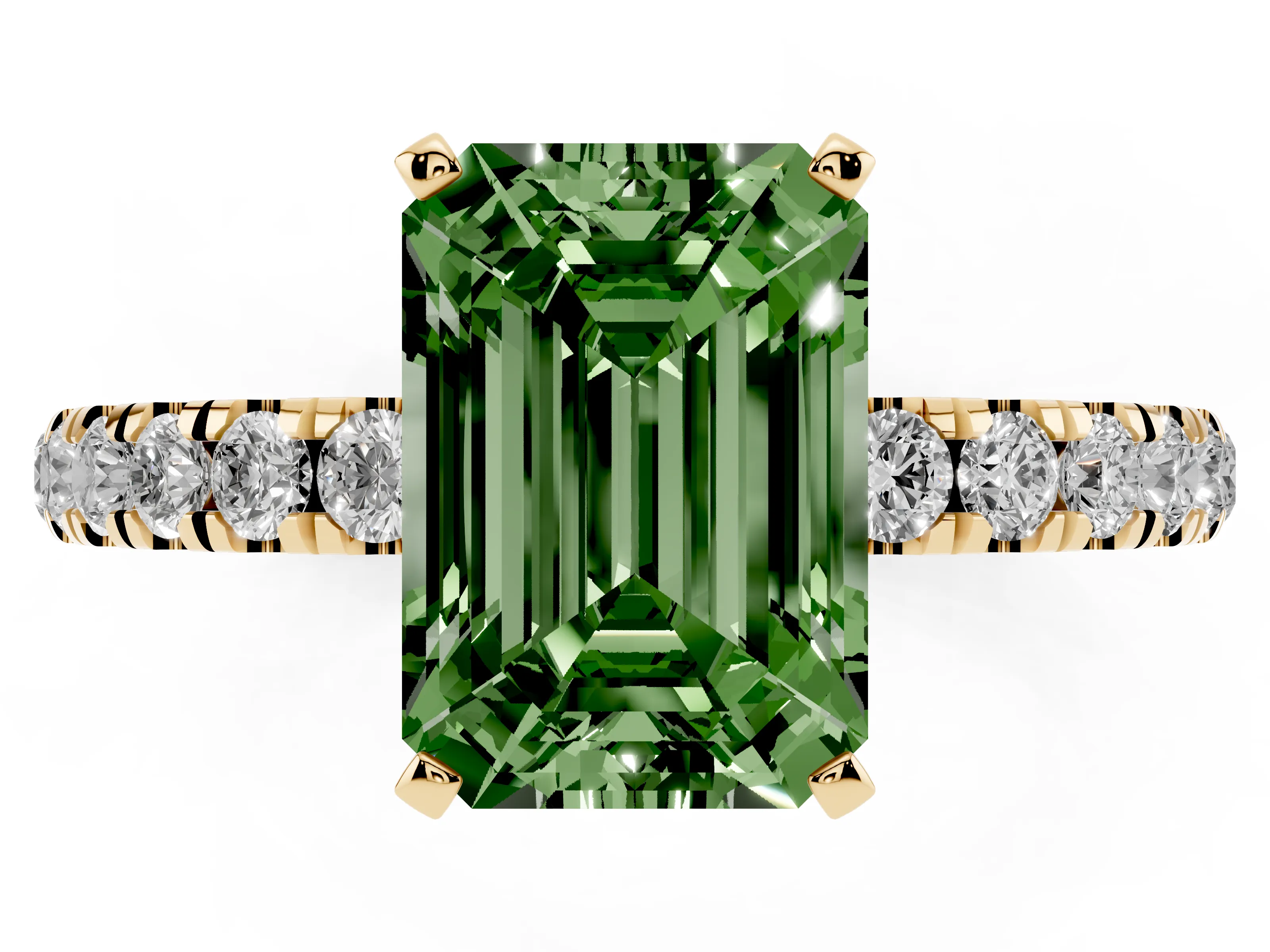 Fancy Green Emerald Cut Diamond Solitaire Ring Set in Yellow gold with Pavé Accents and Prong Setting