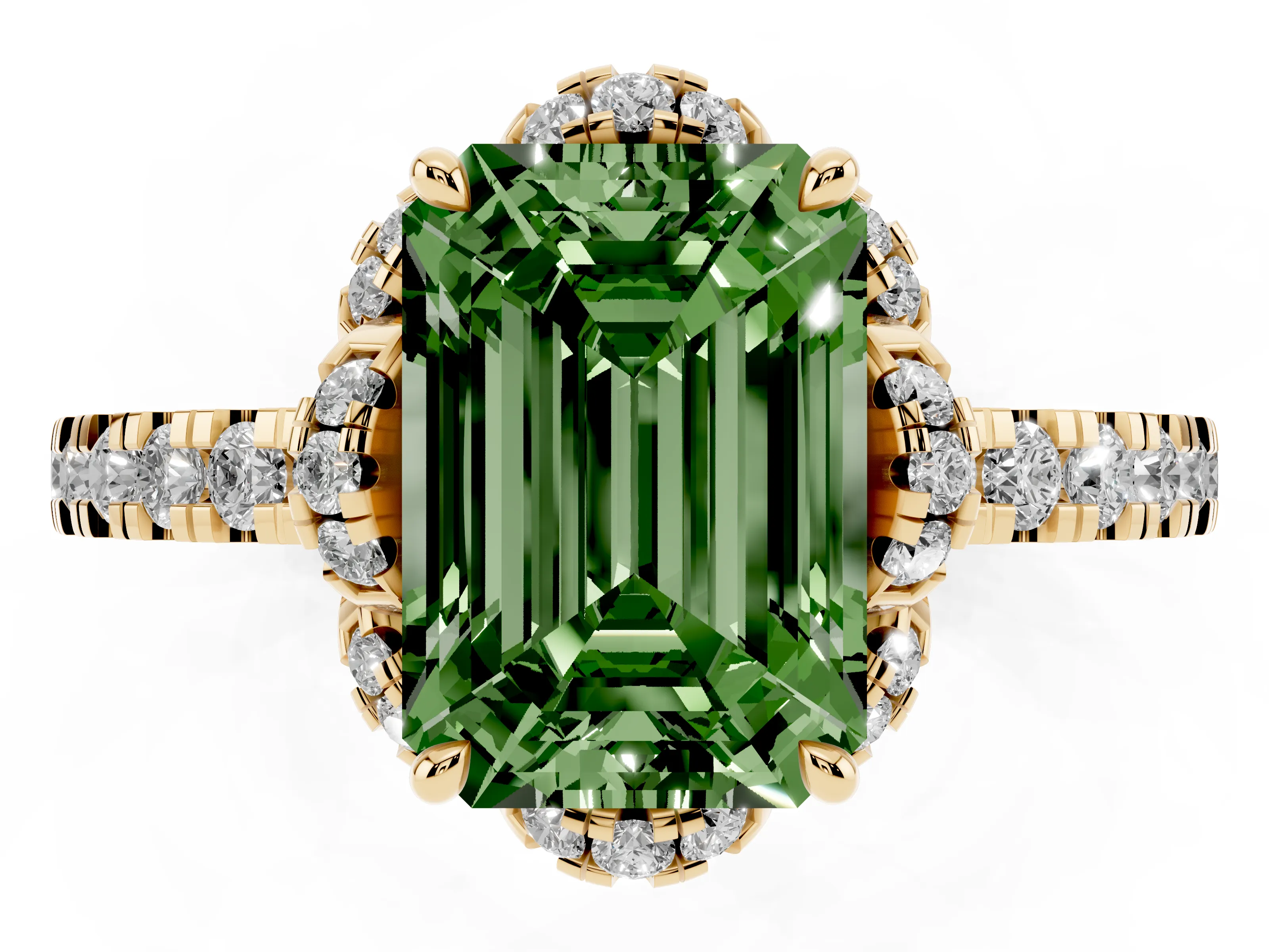 Fancy Green Emerald Cut Diamond Halo Pavé Band Ring Set in Yellow gold with Prong-Held Center