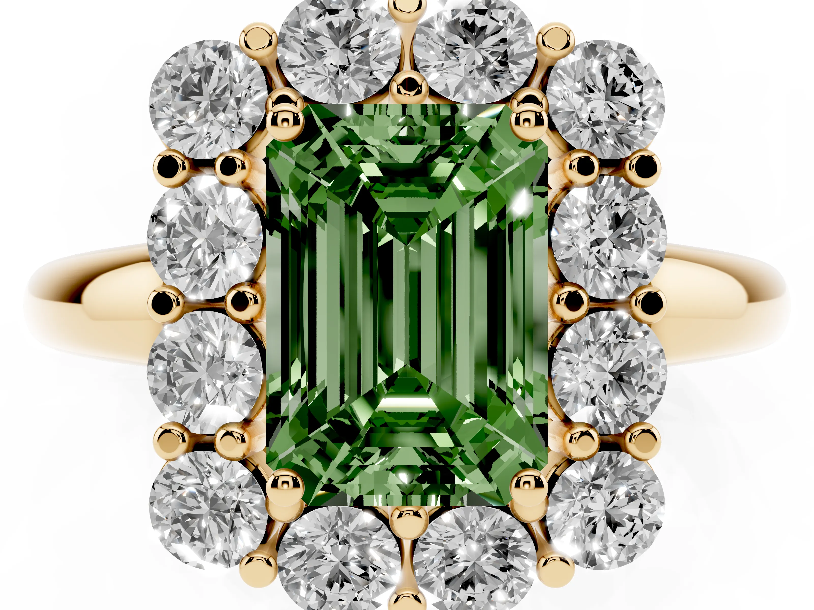 Fancy Green Emerald Cut Diamond Halo Cluster Engagement Ring Set in Yellow gold with Polished Band and Prong Setting