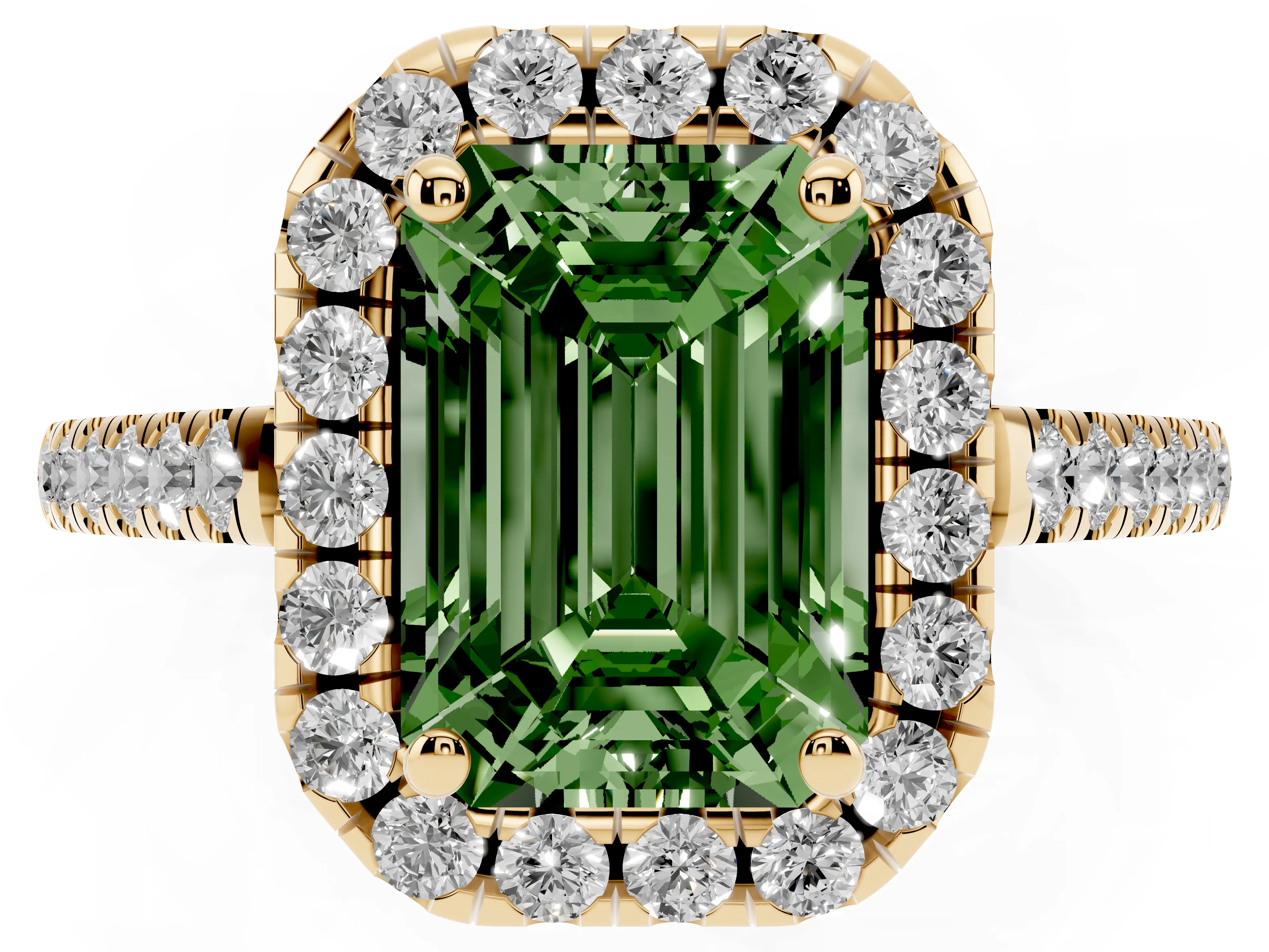 Fancy Green Emerald Cut Diamond Pavé Halo Engagement Ring Set in Yellow gold with Pavé Band and Prong Setting