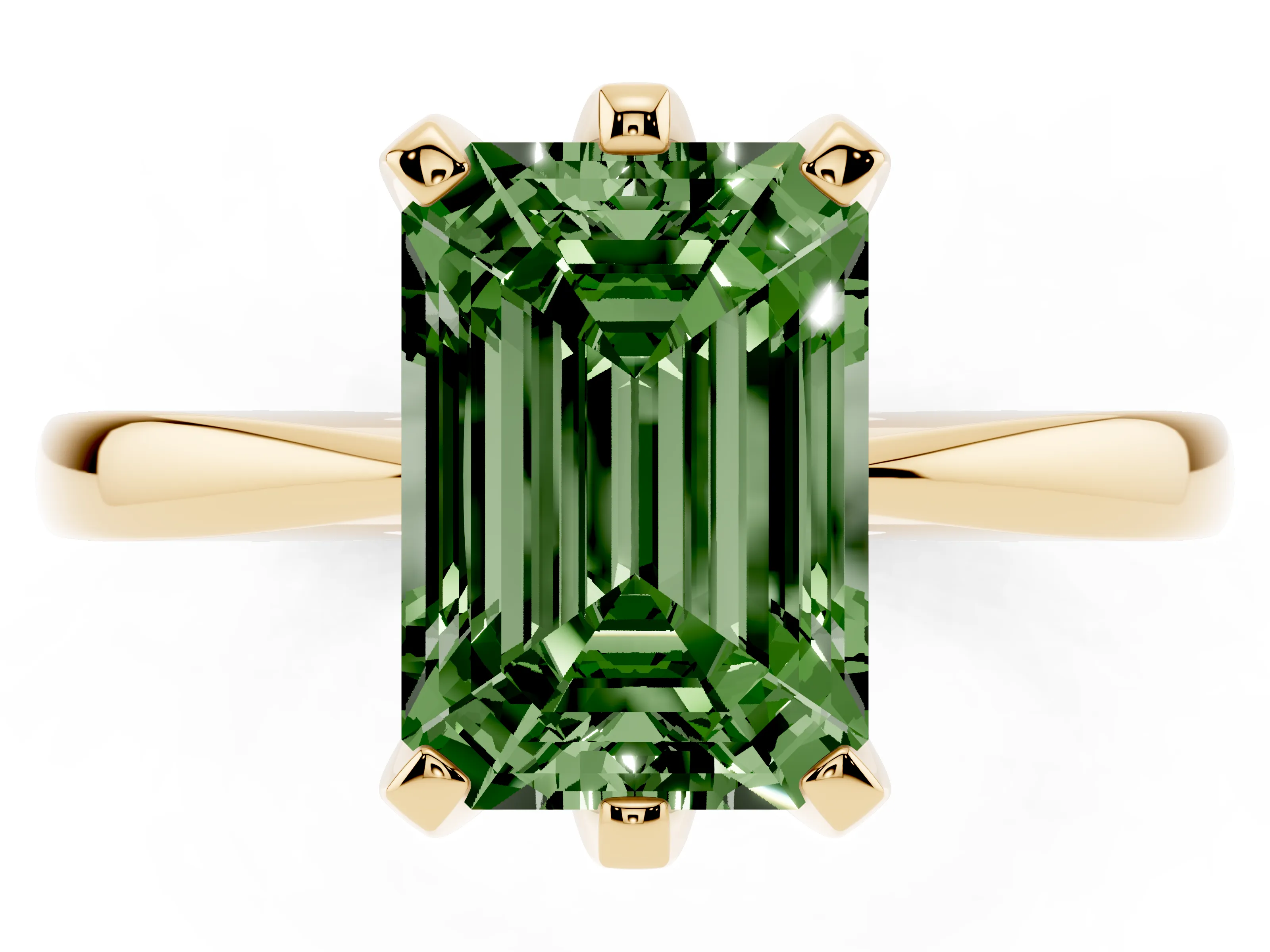 Fancy Green Emerald Cut Diamond Solitaire Engagement Ring Set in Yellow gold with Slim Tapered Solitaire Band