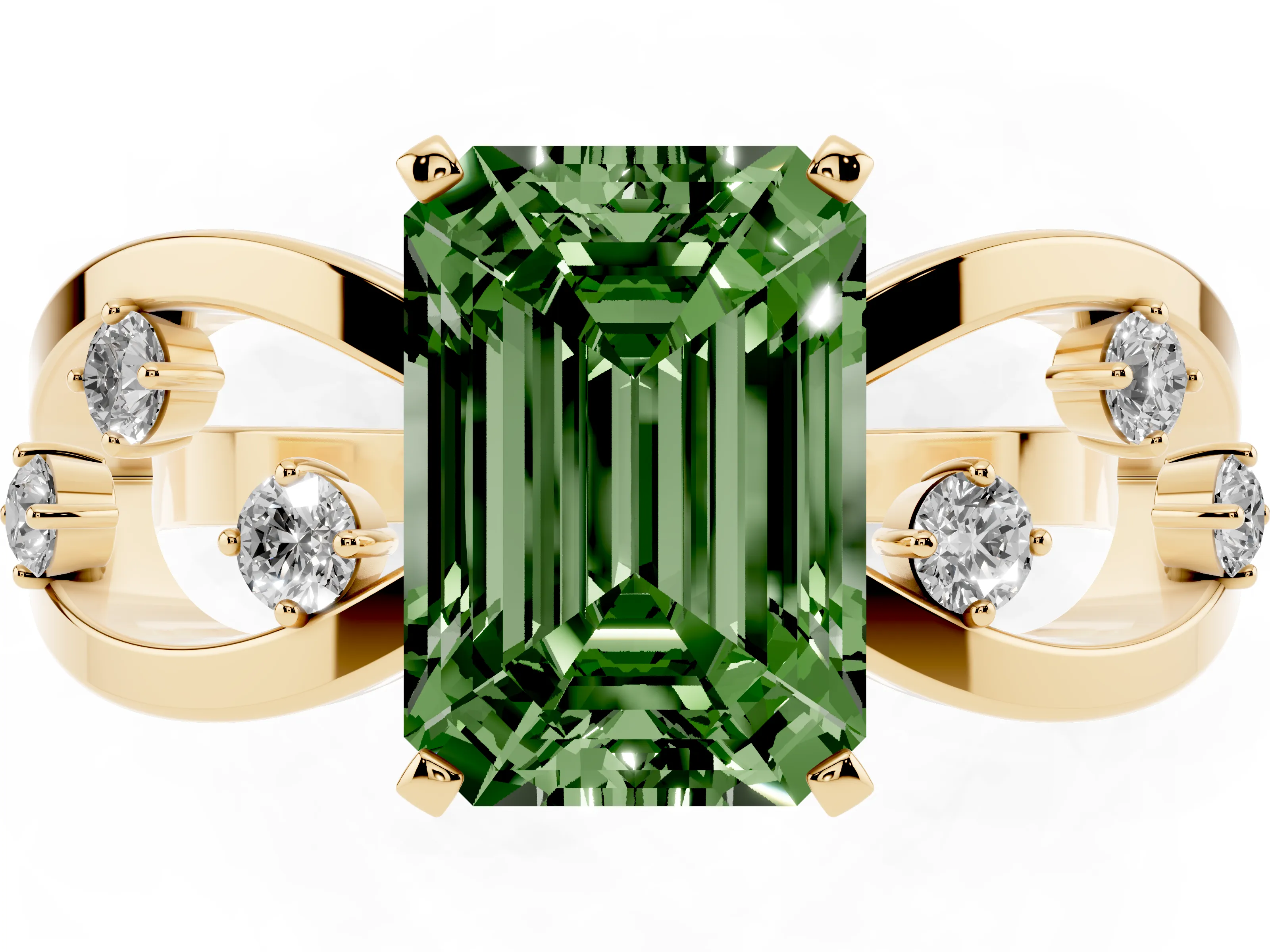 Fancy Green Emerald Cut Diamond Solitaire Ring Set in Yellow gold with Side Stones on Criss-Cross Band and Prong Setting
