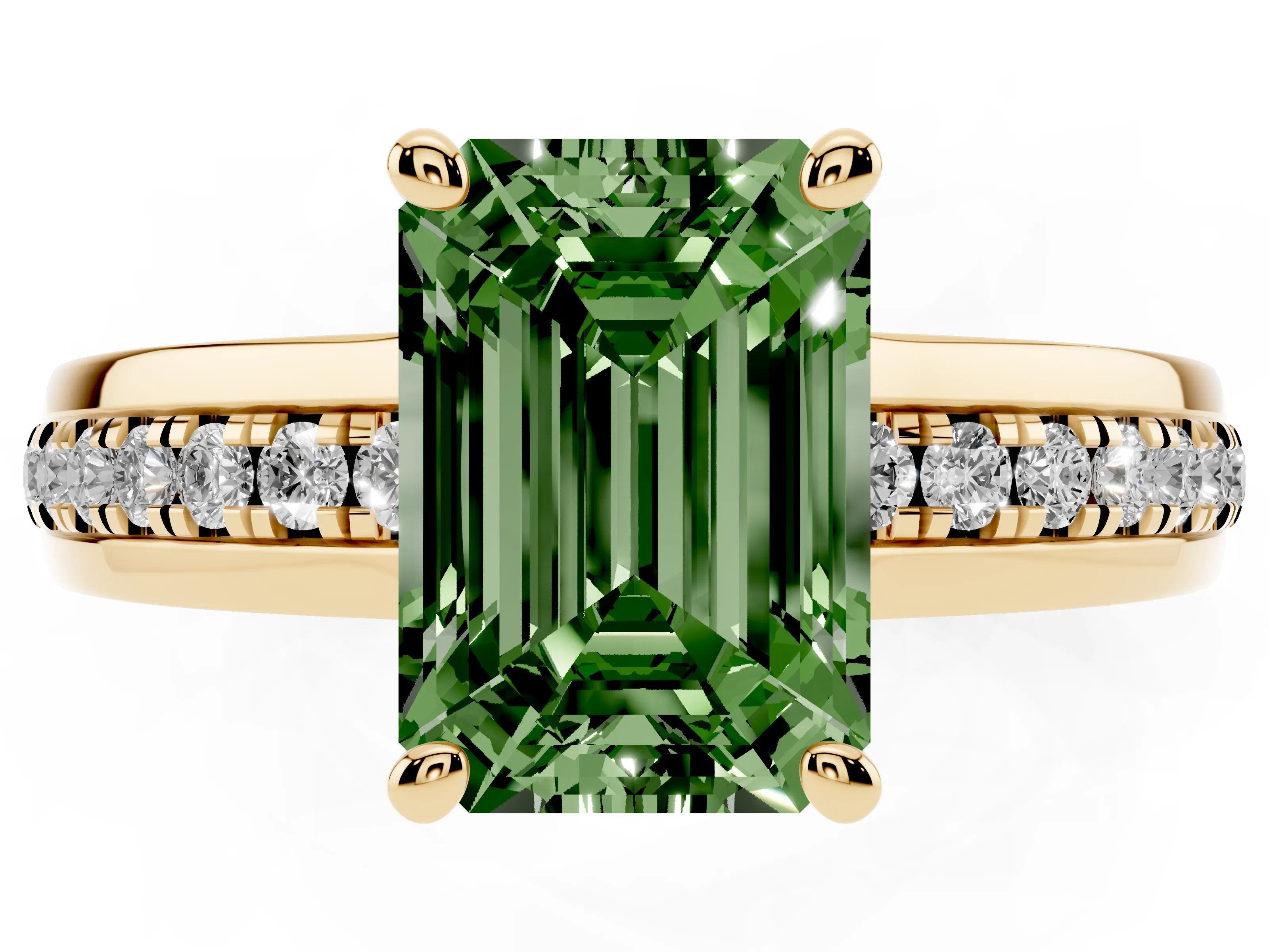 Fancy Green Emerald Cut Diamond Solitaire Ring Set in Yellow gold with Channel Set Band and Prong Setting