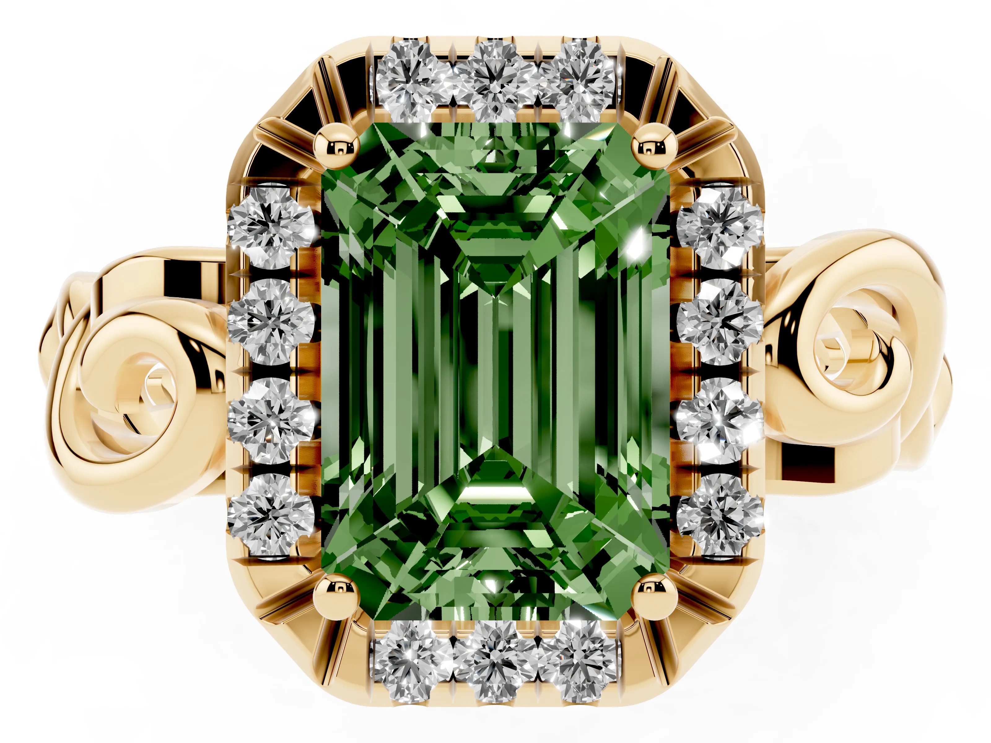 Fancy Green Emerald Cut Diamond Halo Ring Set in Yellow gold with Scrollwork Band and Prong Setting