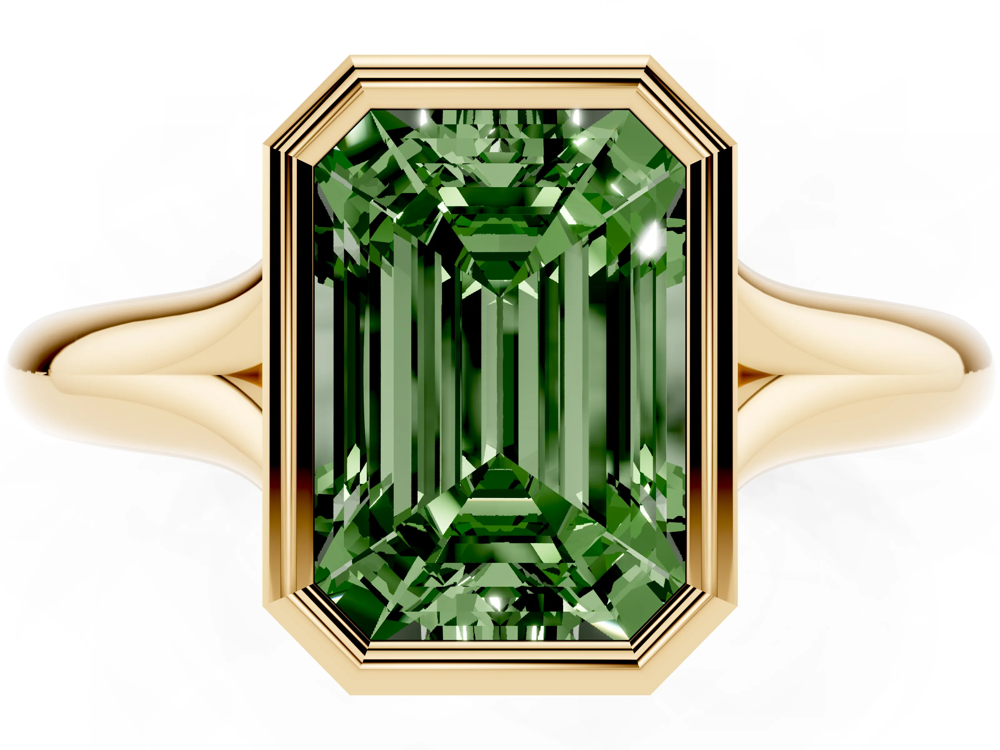 Fancy Green Bezel Set Emerald Cut Diamond Solitaire Ring Set in Yellow gold with Smooth Band