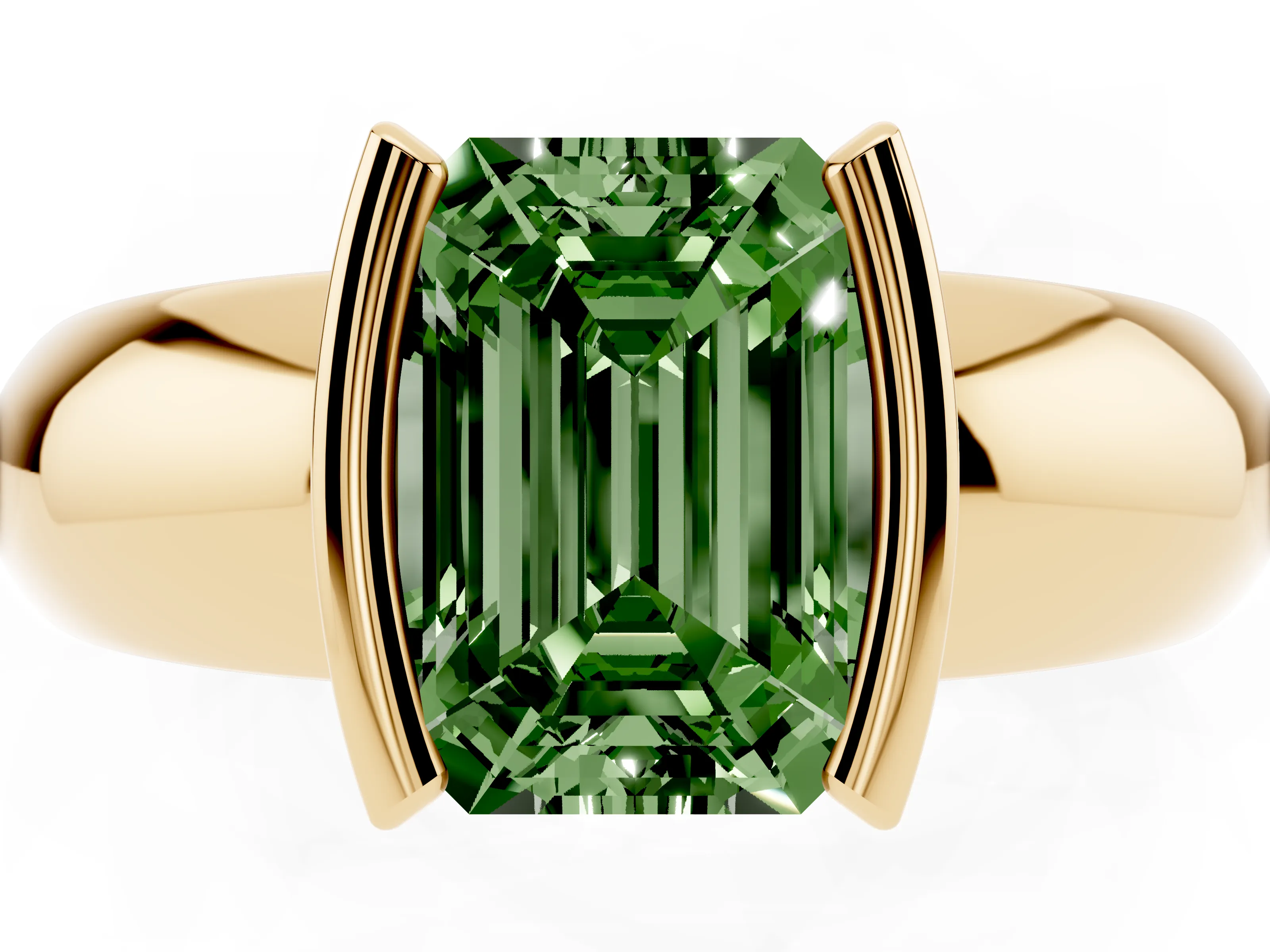 Fancy Green Emerald Cut Diamond Solitaire Tension Set Ring Set in Yellow gold with Wide Band