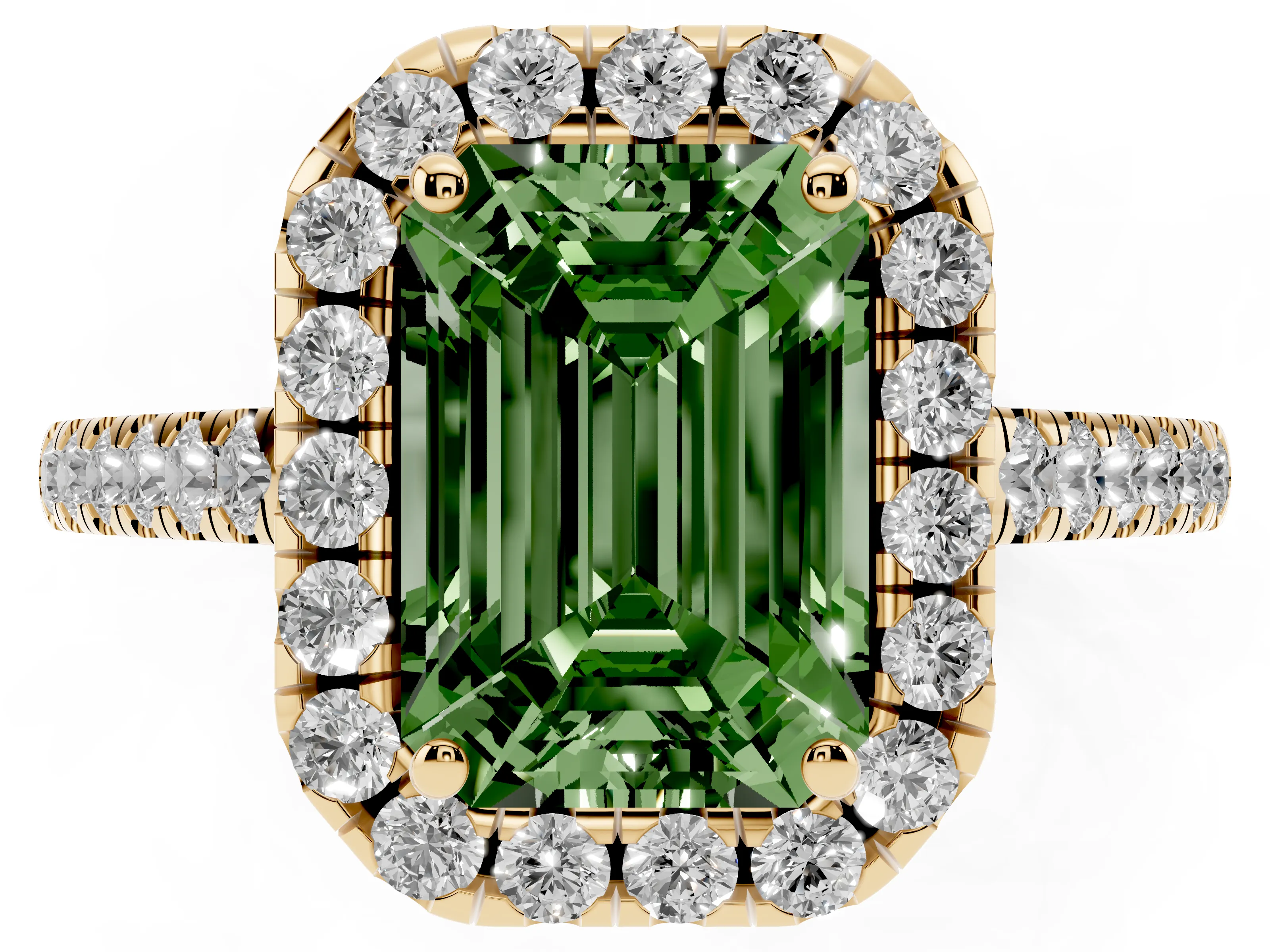 Fancy Green Emerald Cut Diamond Halo Pavé Engagement Ring Set in Yellow gold with Prong Setting