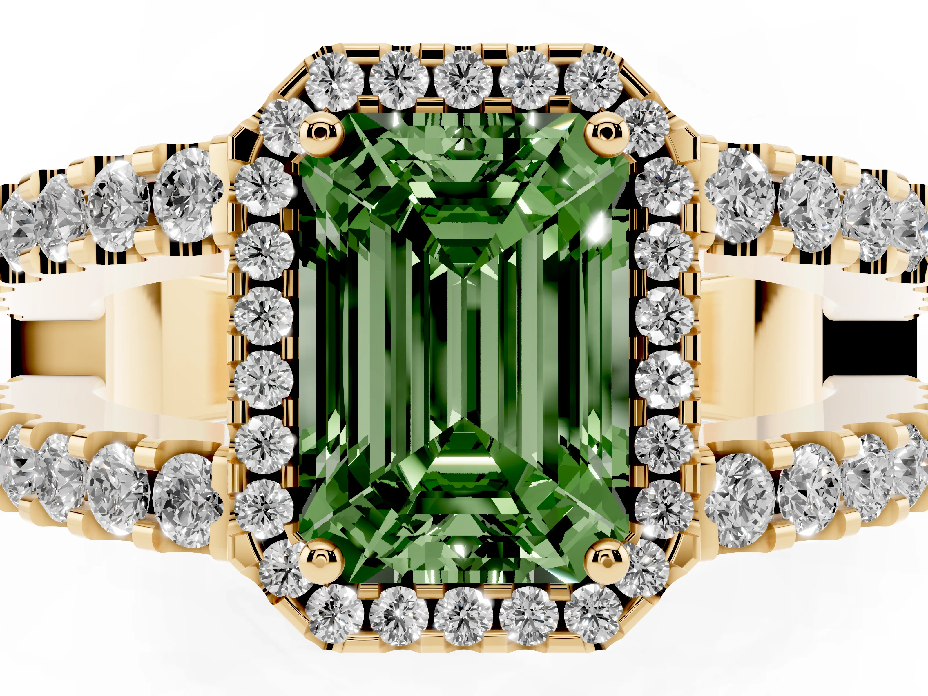 Fancy Green Emerald Cut Diamond Halo Ring Set in Yellow gold with Pavé Split Shank and Prong Setting