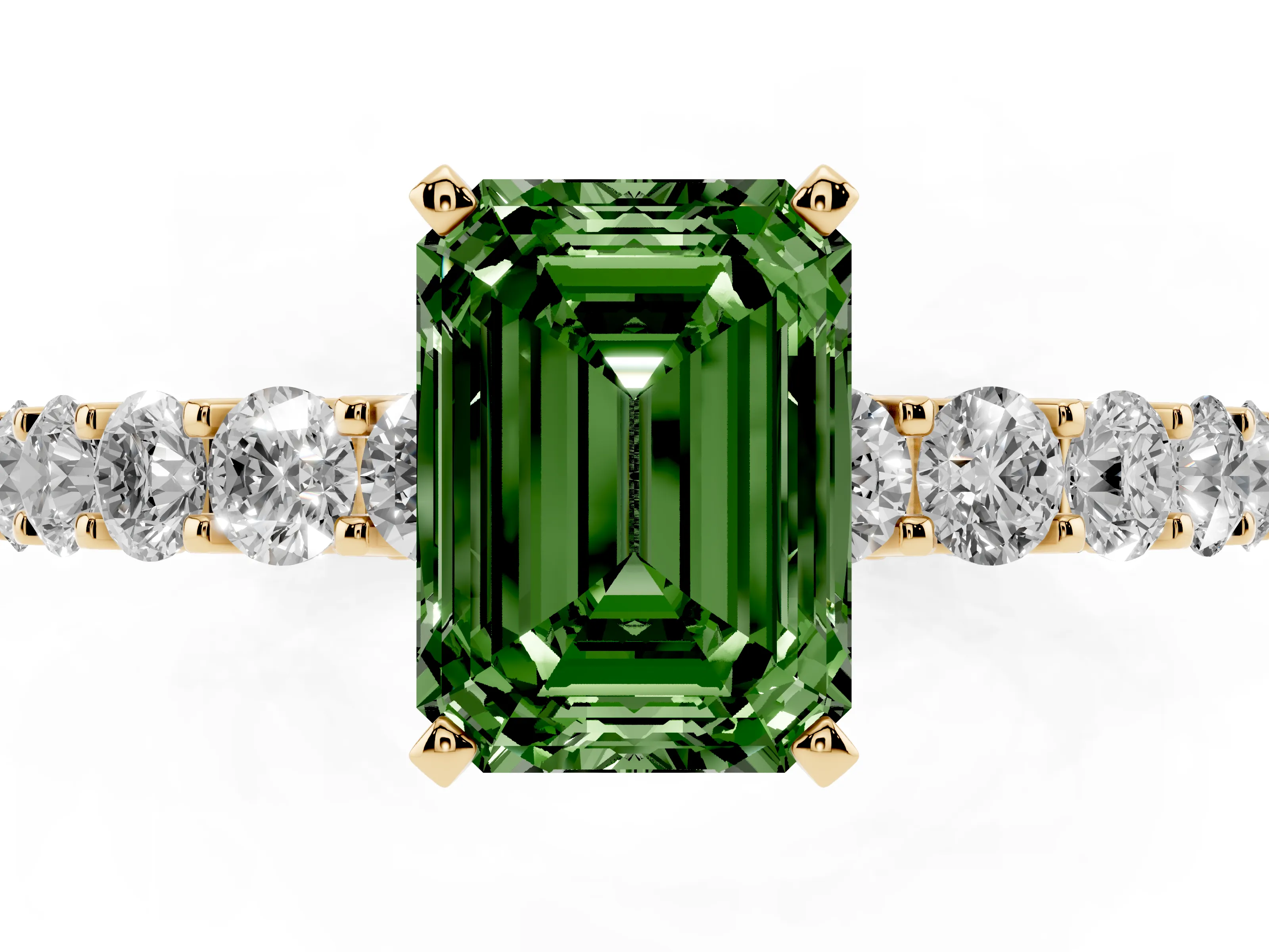 Fancy Green Emerald Cut Diamond Solitaire Ring Set in Yellow gold with Shared Prong Pavé Band