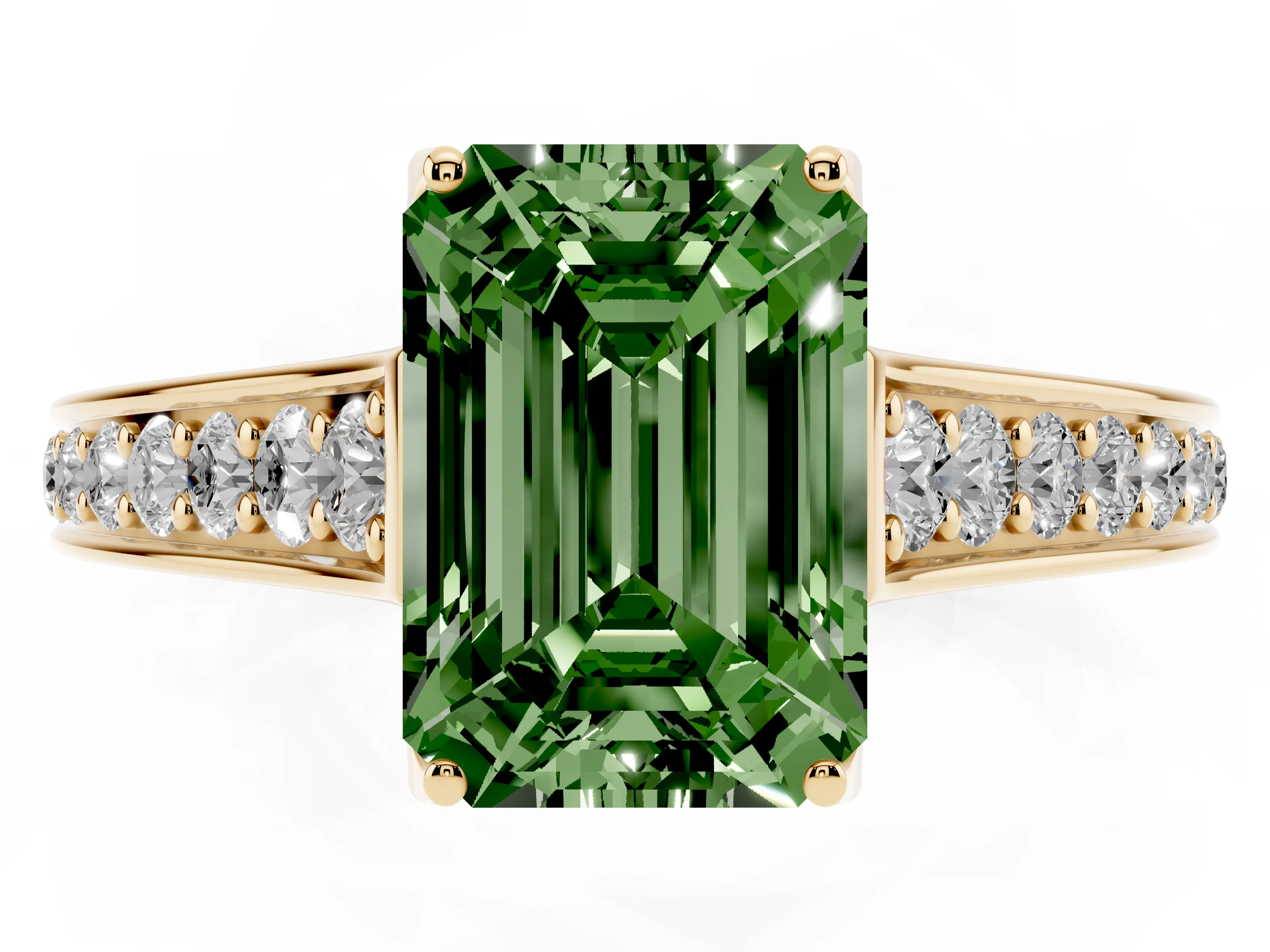 Fancy Green Emerald Cut Diamond Solitaire Pavé Engagement Ring Set in Yellow gold with Prong Setting