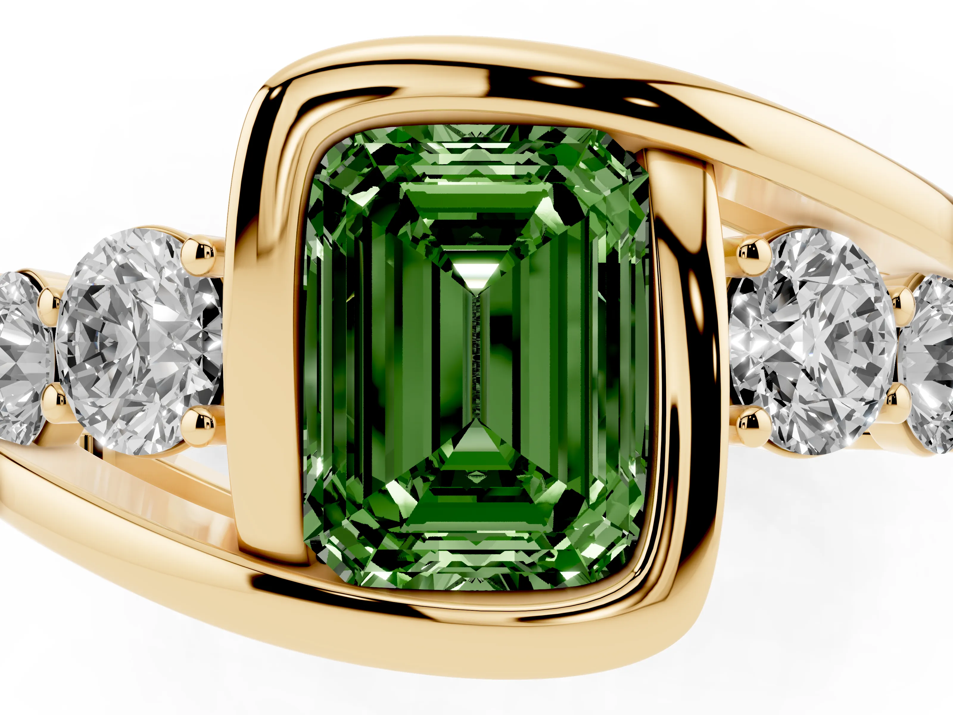 Fancy Green Emerald Cut Diamond Bezel Bypass Ring Set in Yellow gold with Round Accents
