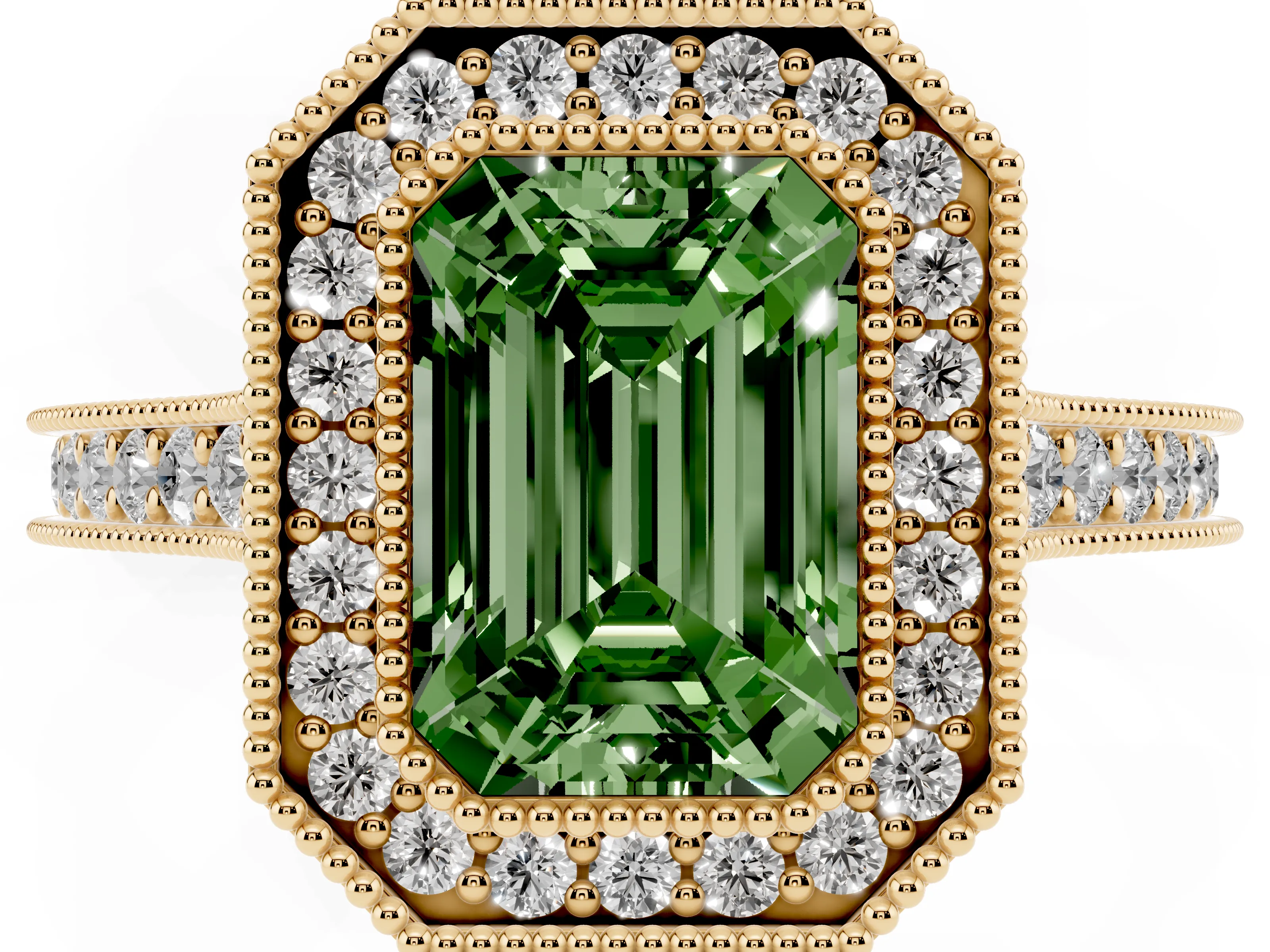 Fancy Green Emerald Cut Diamond Halo Milgrain Pavé Band Ring Set in Yellow gold with Prong Setting
