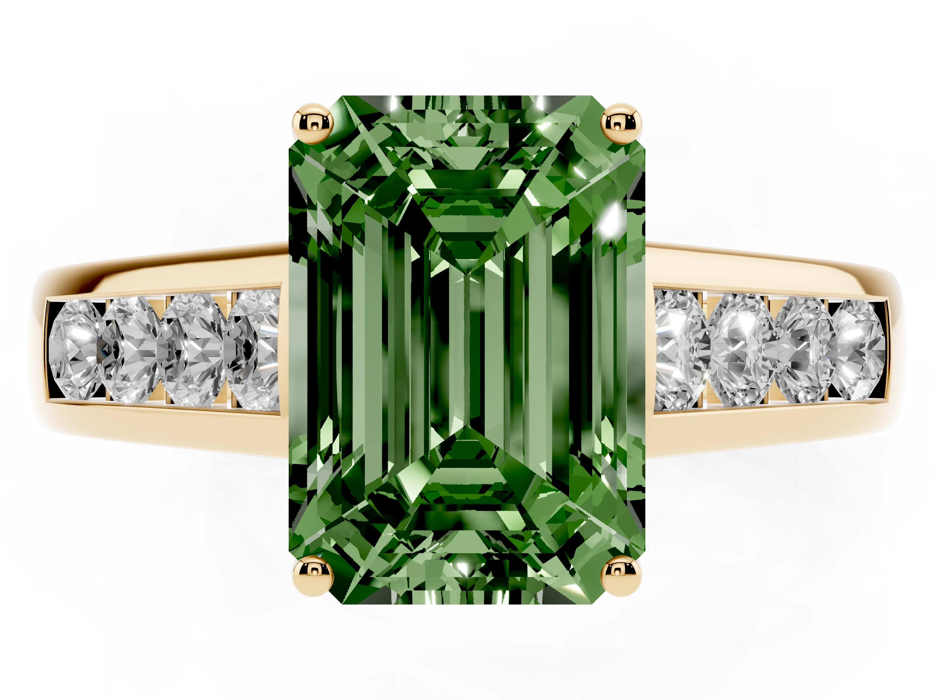 Fancy Green Emerald Cut Diamond Solitaire Channel-Set Engagement Ring Set in Yellow gold with Prong Setting