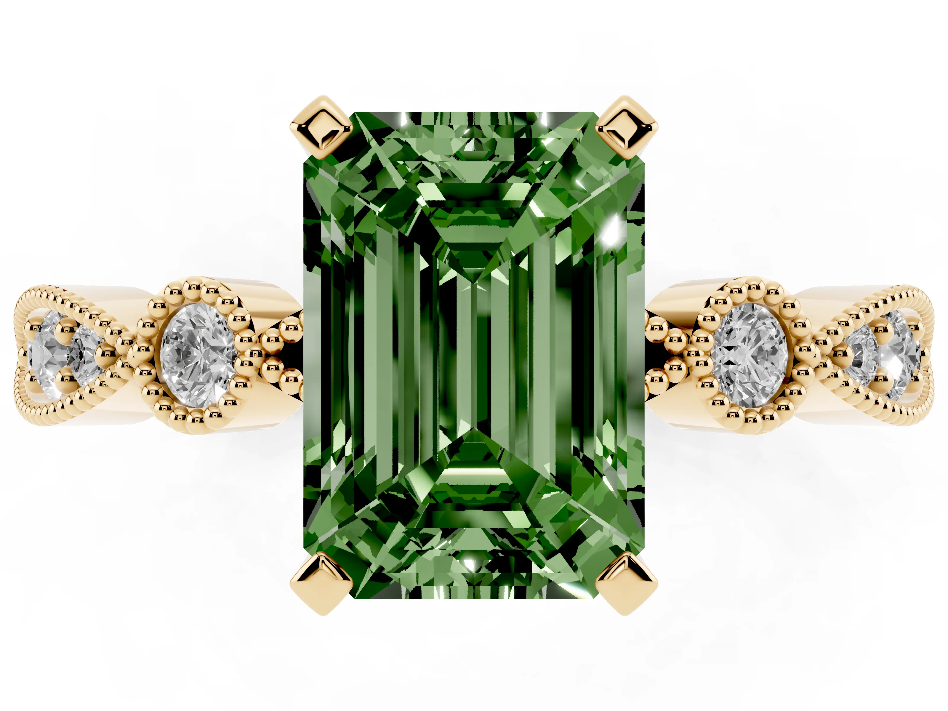 Fancy Green Emerald Cut Diamond Solitaire Engagement Ring Set in Yellow gold with Milgrain Bezel Accent Band