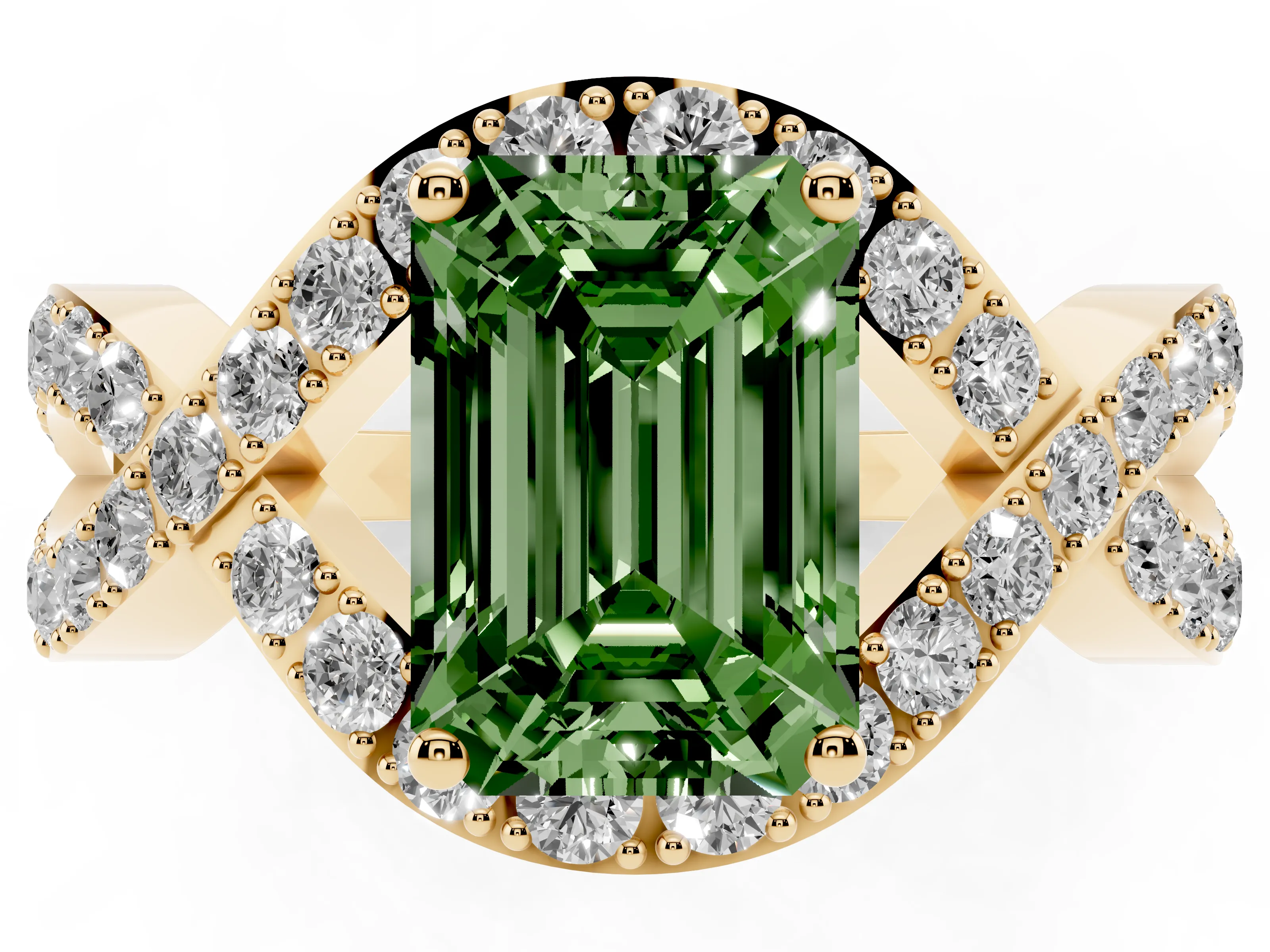 Fancy Green Emerald Cut Diamond Solitaire Twist Band Pavé Engagement Ring Set in Yellow gold