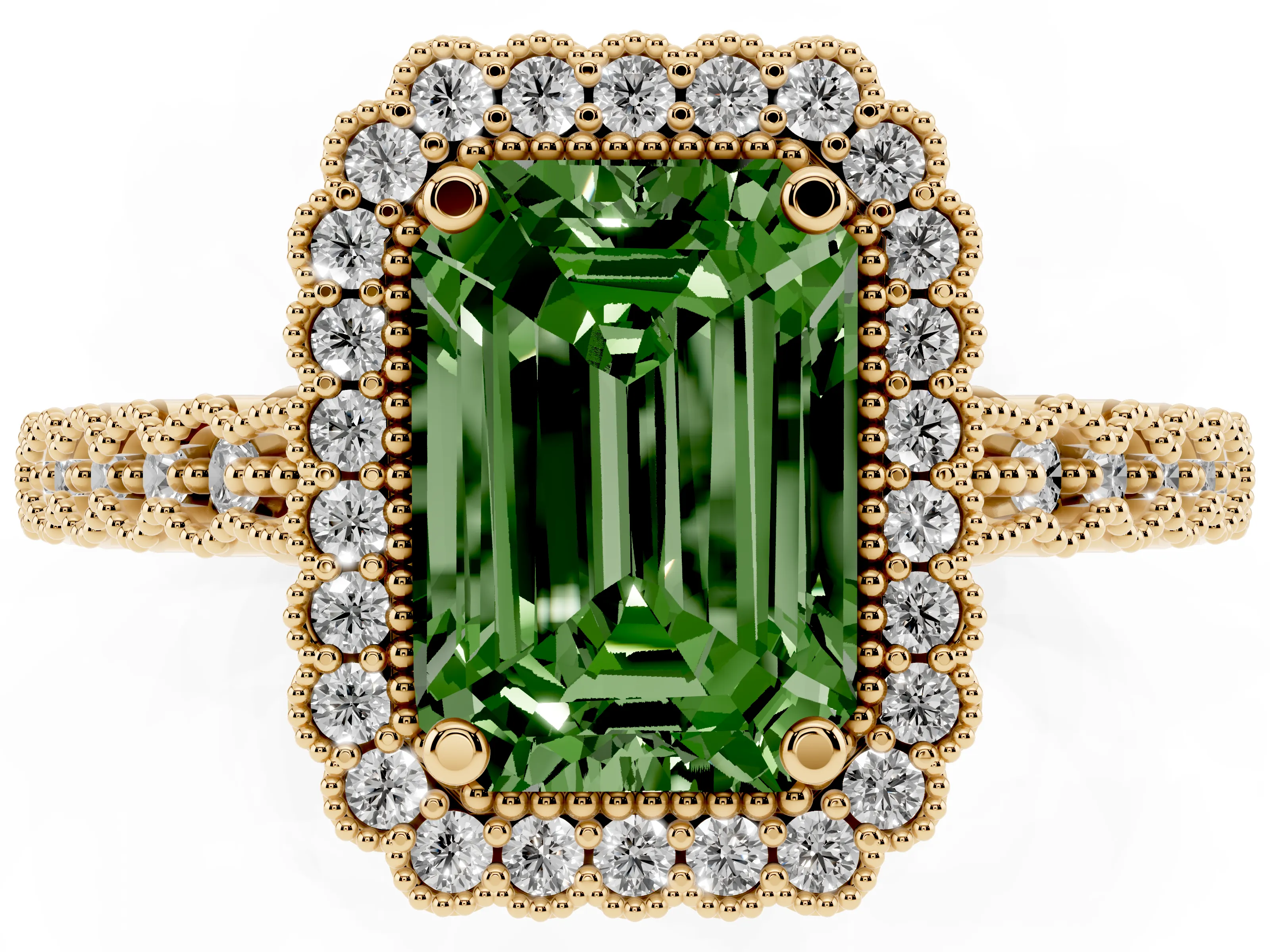 Fancy Green Emerald Cut Diamond Halo Ring Set in Yellow gold with Pavé Milgrain Band