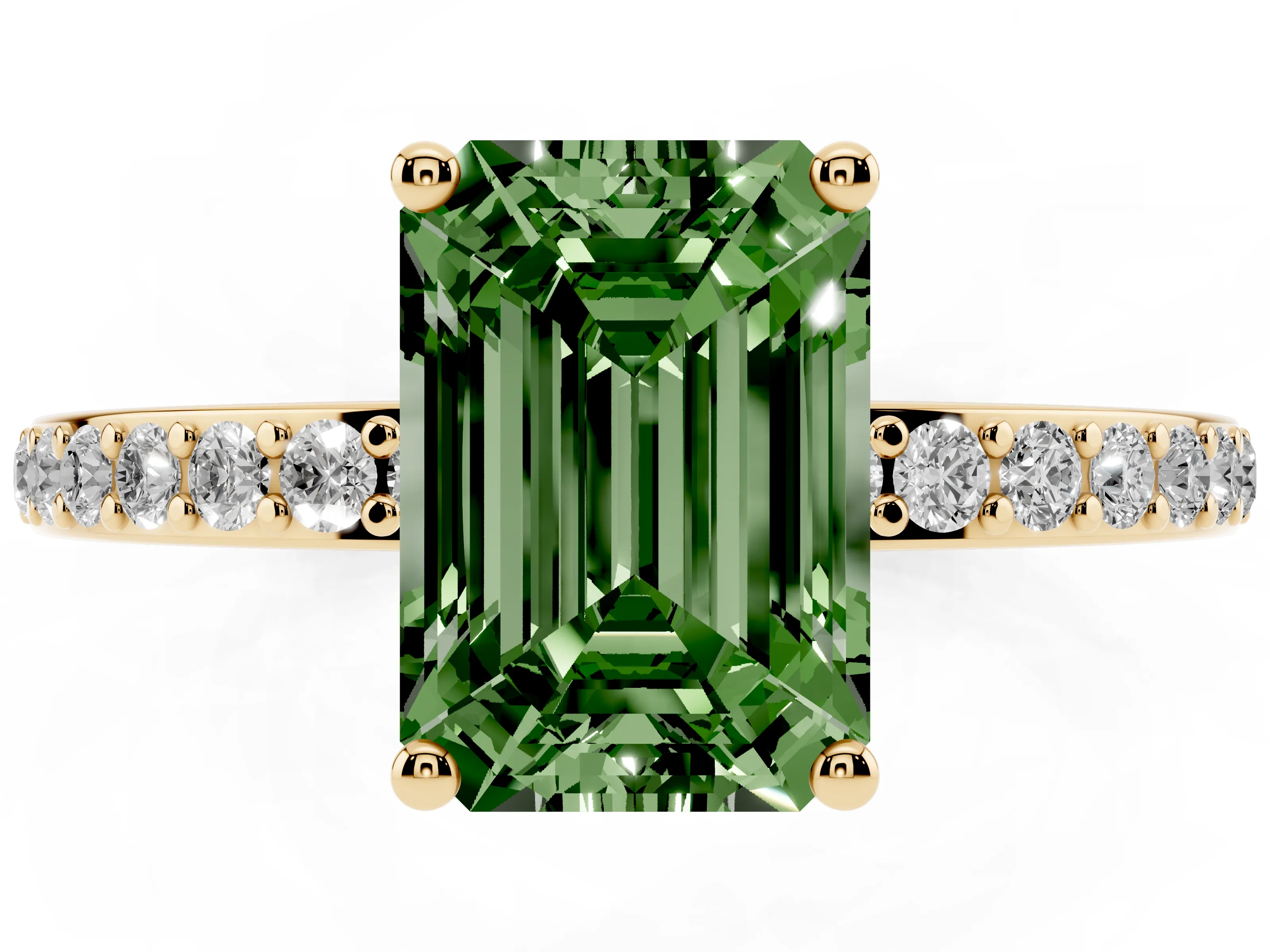 Fancy Green Emerald Cut Diamond Pavé Band Ring Set in Yellow gold with Prong-Set Center Stone