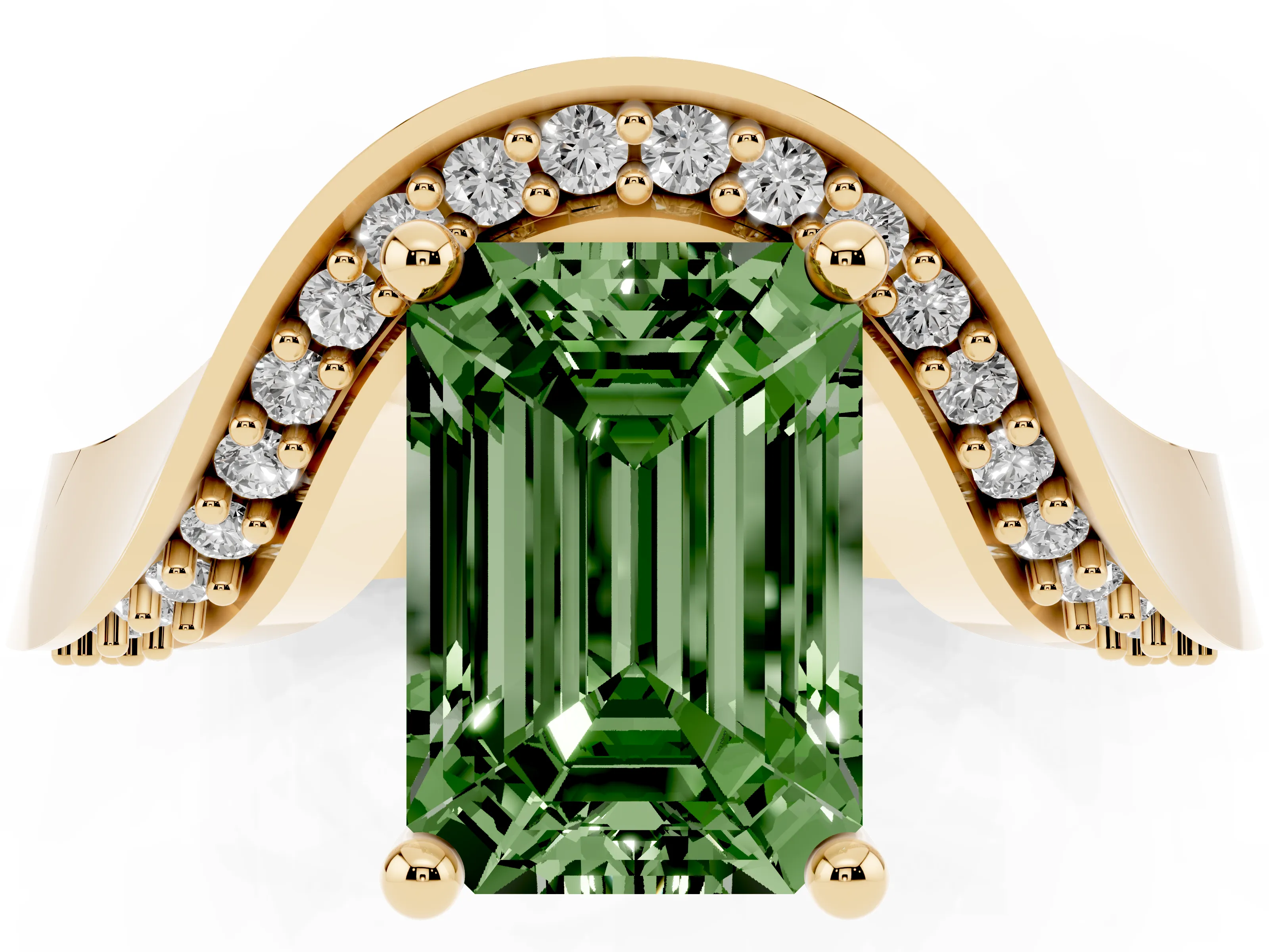 Fancy Green Emerald Cut Diamond Solitaire Engagement Ring Set in Yellow gold with Pavé Shoulders