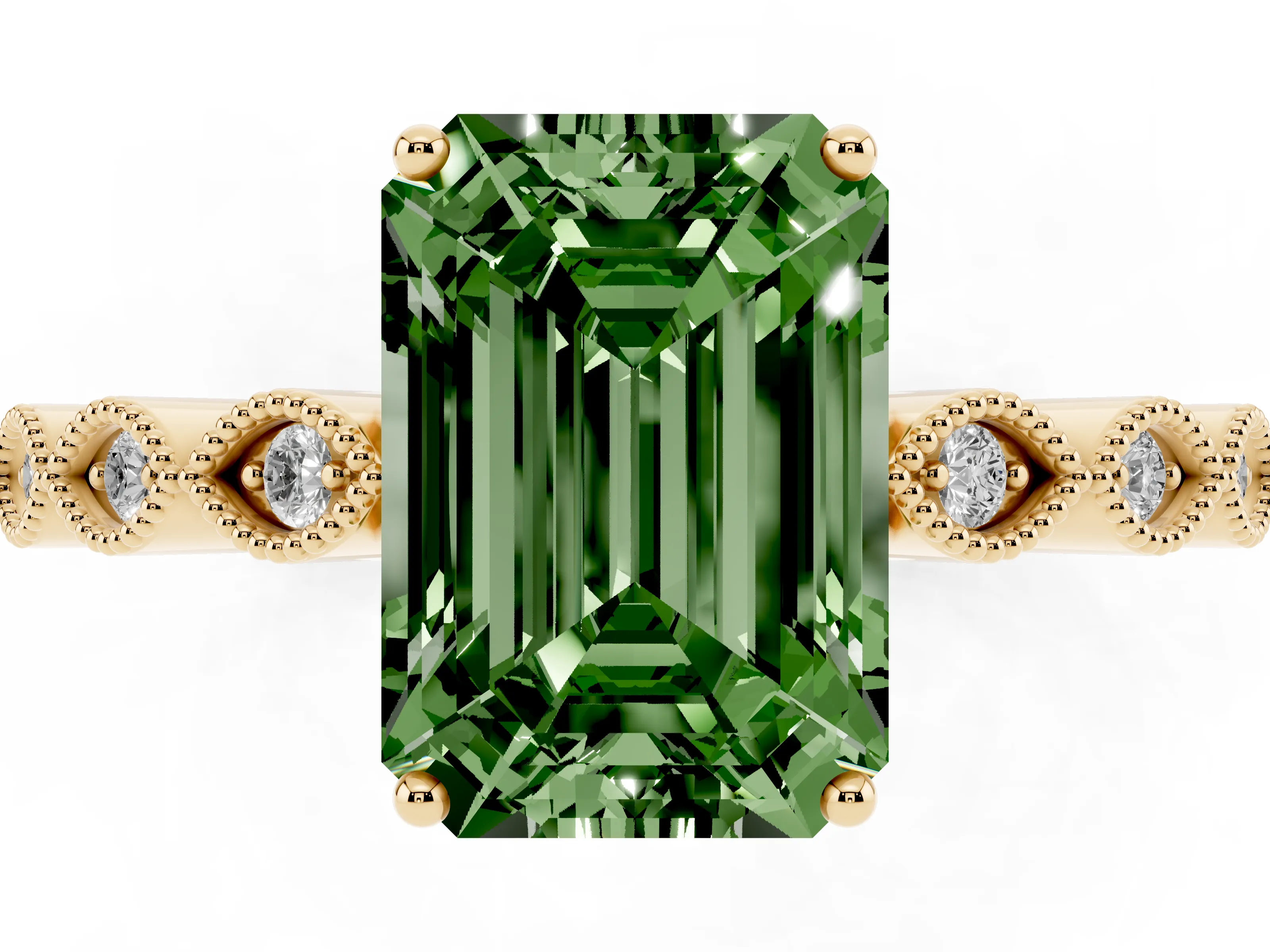 Fancy Green Emerald Cut Diamond Solitaire Ring Set in Yellow gold with Infinity Twist Pavé Band