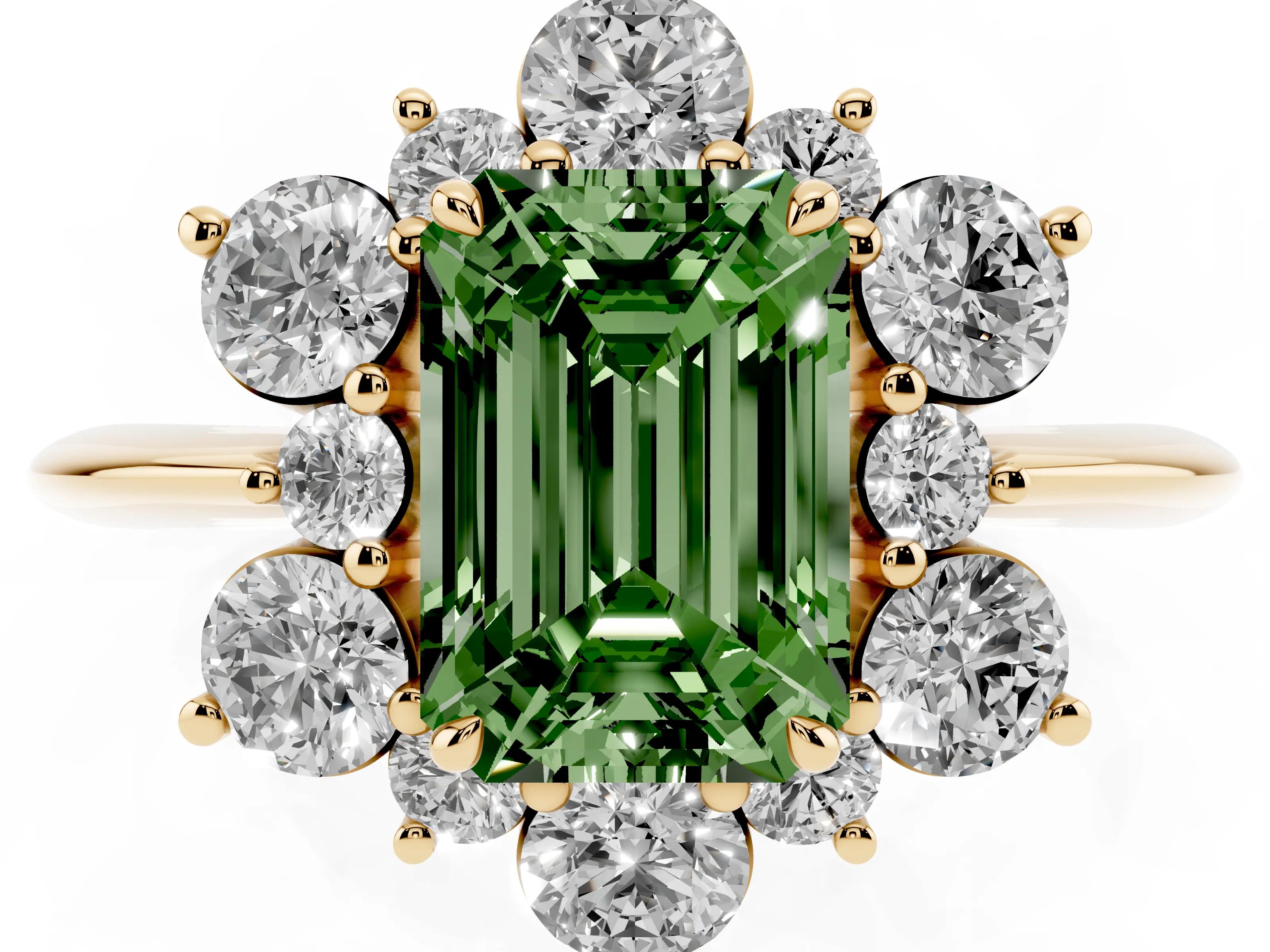 Fancy Green Emerald Cut Diamond Cluster Halo Ring Set in Yellow gold with Solitaire Band and Prong Setting