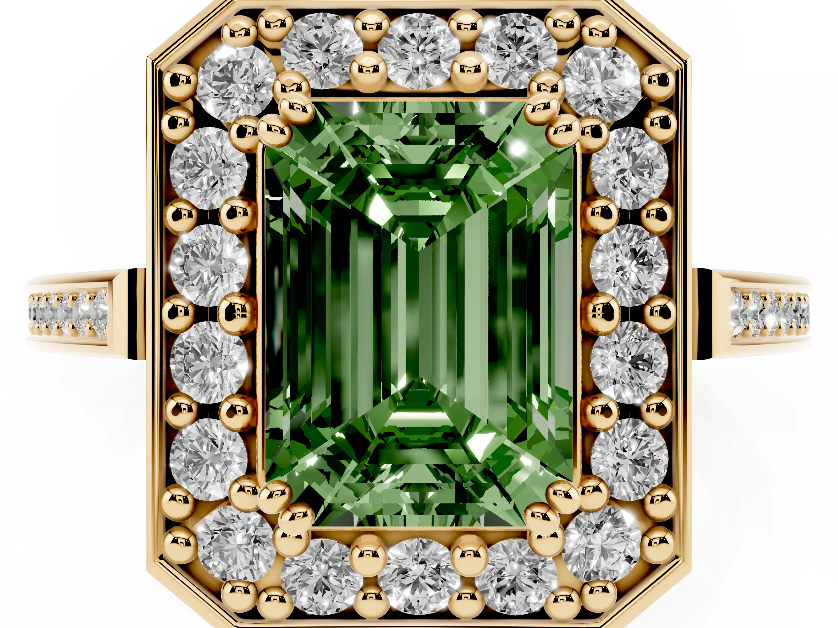 Fancy Green Emerald Cut Diamond Halo Ring Set in Yellow gold with Accent-Lined Split Shank and Prong Setting