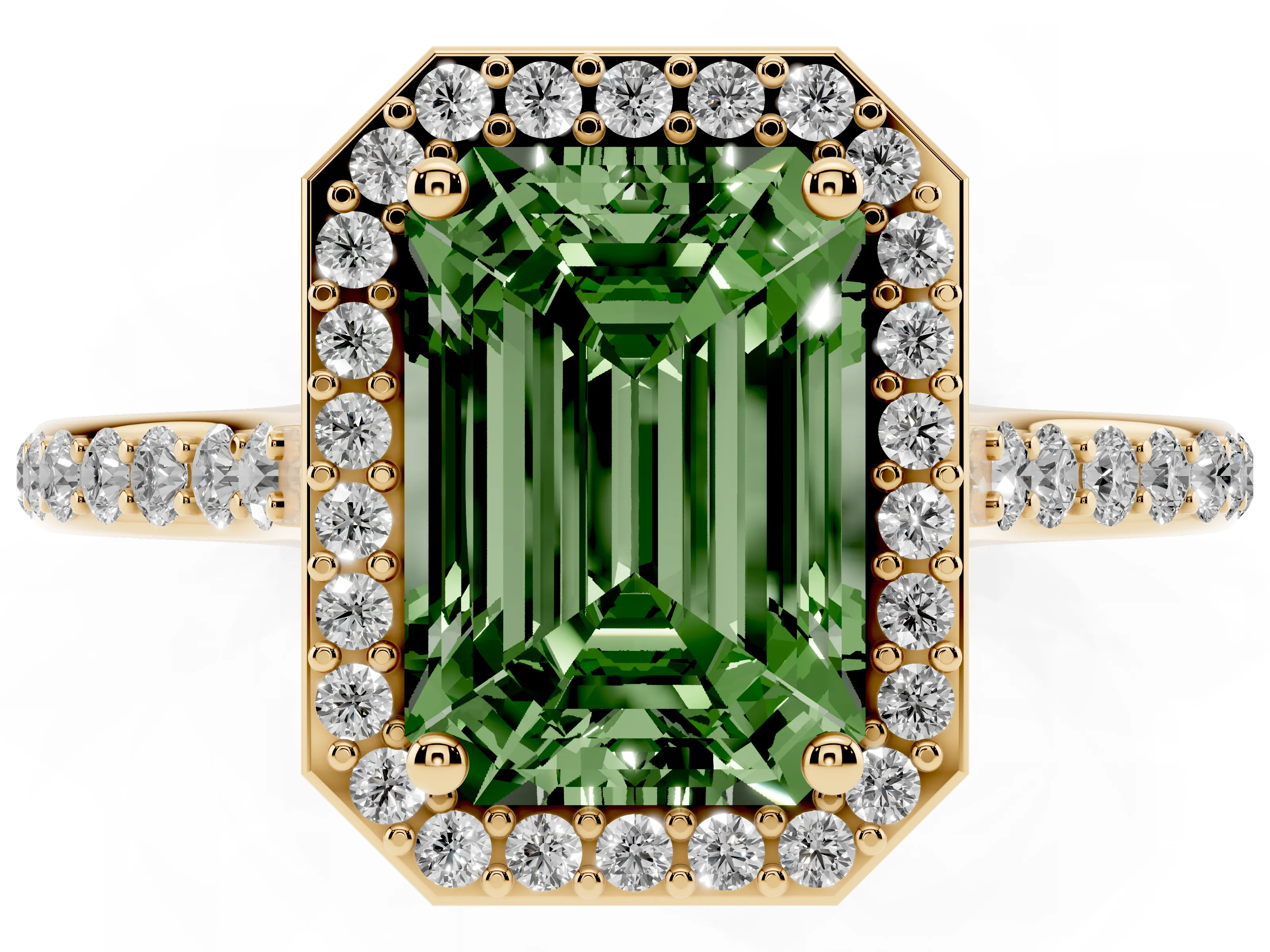 Fancy Green Emerald Cut Diamond Halo Engagement Ring Set in Yellow gold with Round Pavé Shoulders and Heart Gallery