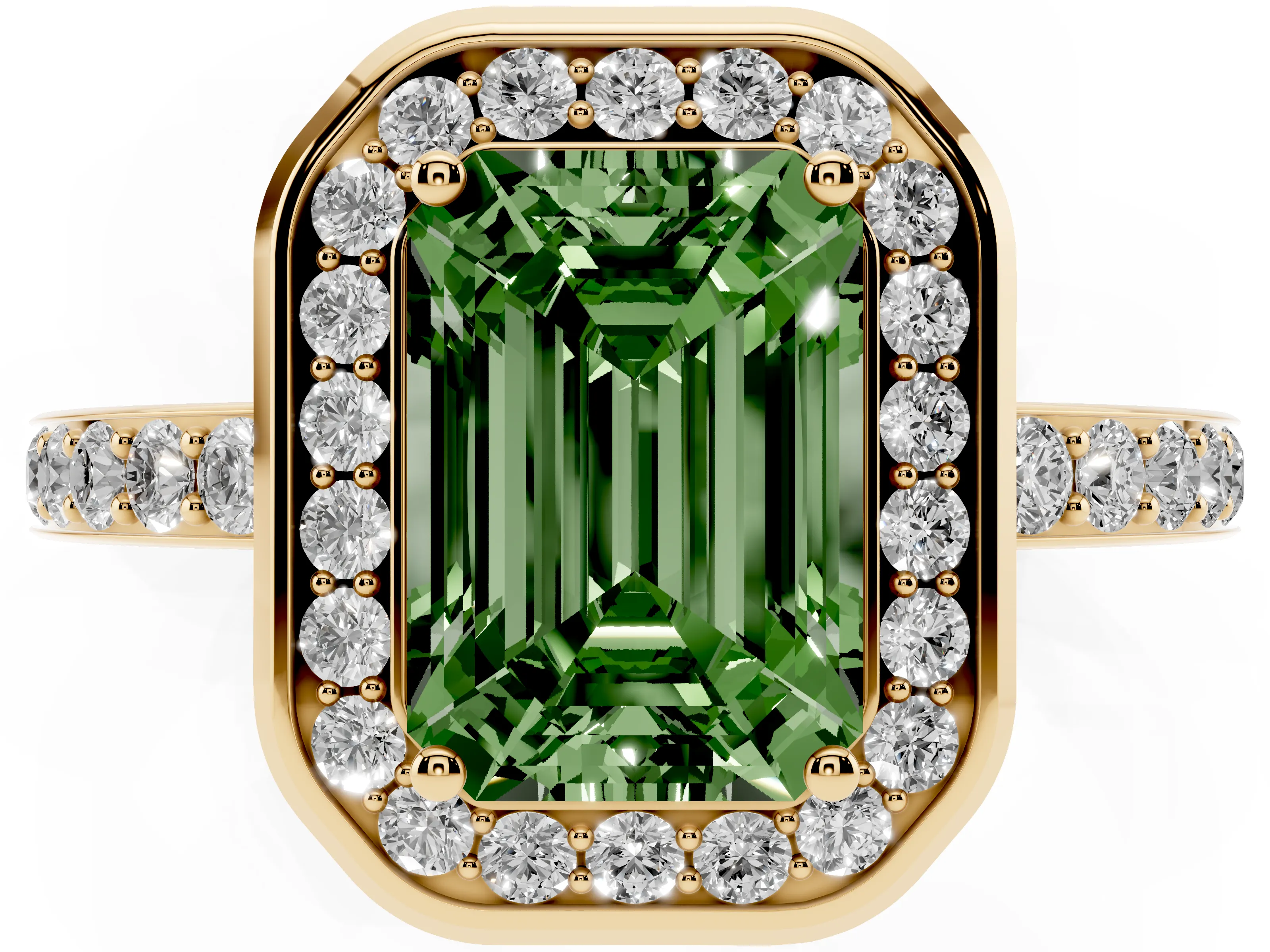Fancy Green Emerald Cut Diamond Halo Ring Set in Yellow gold with Bezel Frame and Pavé Band