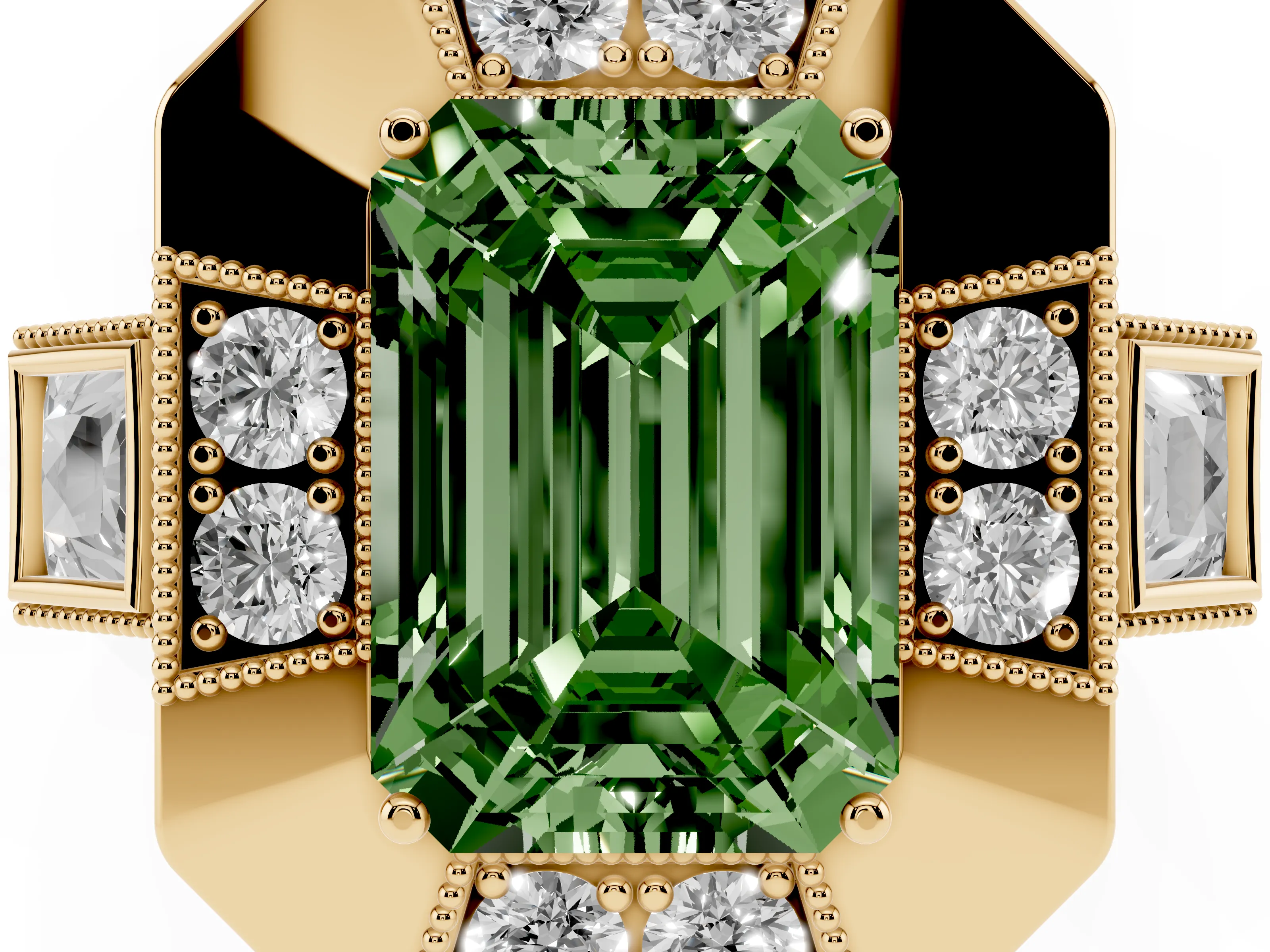 Fancy Green Emerald Cut Diamond Milgrain Halo Ring Set in Yellow gold with Split Shank