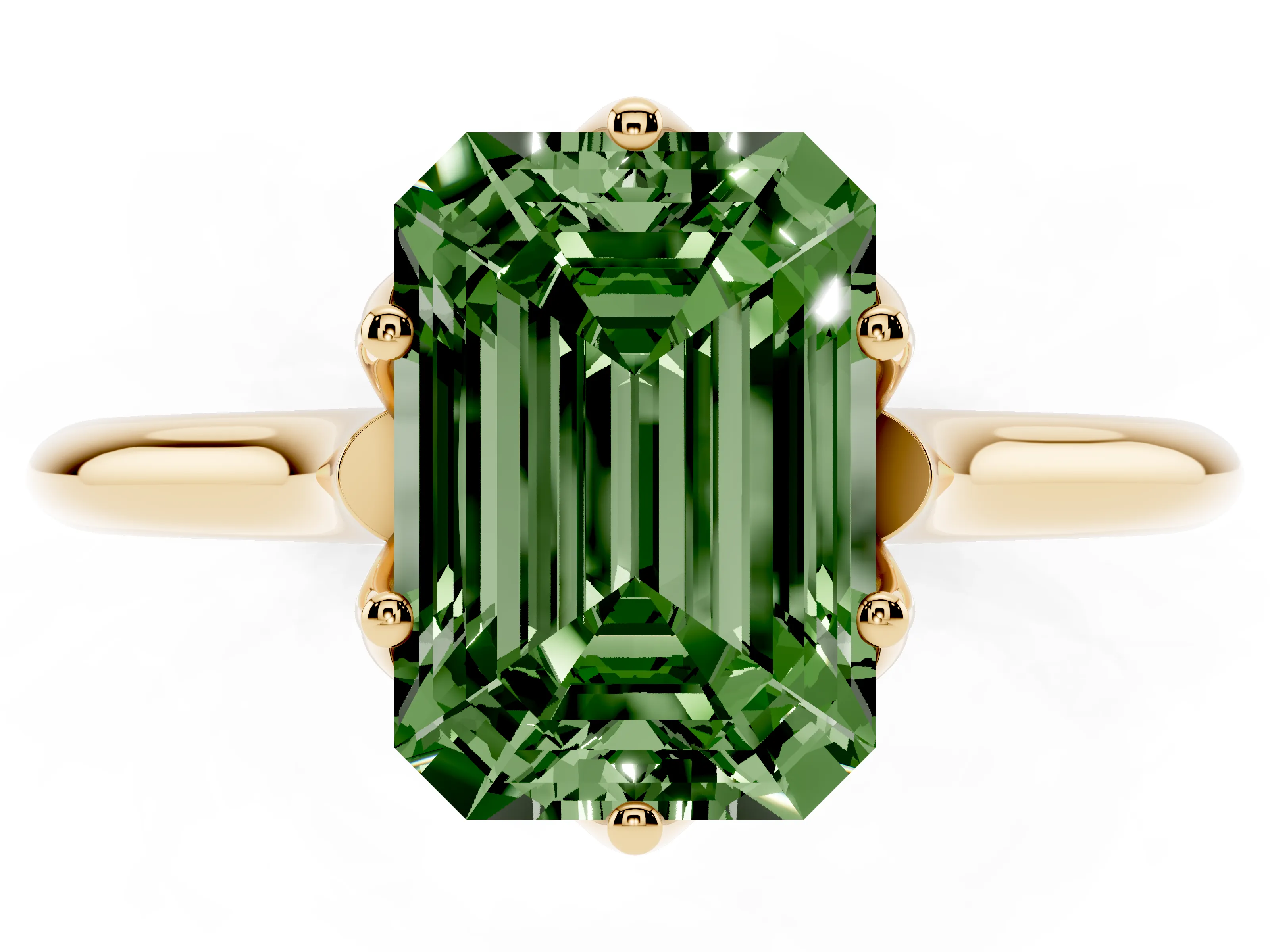Fancy Green Emerald Cut Diamond Solitaire Cathedral Ring Set in Yellow gold with Prong Setting