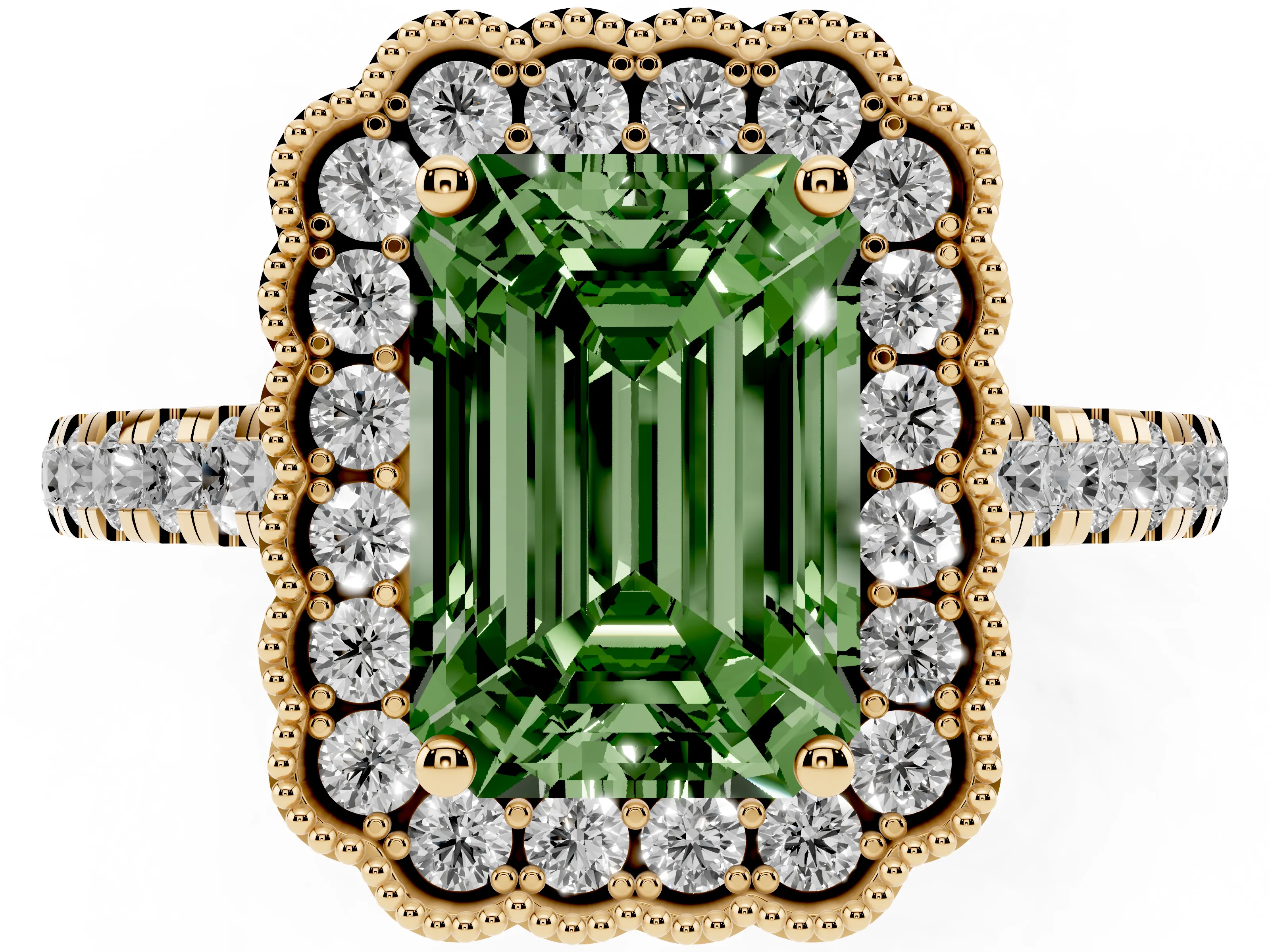 Fancy Green Emerald Cut Diamond Milgrain Floral Halo Engagement Ring Set in Yellow gold with Pavé Band