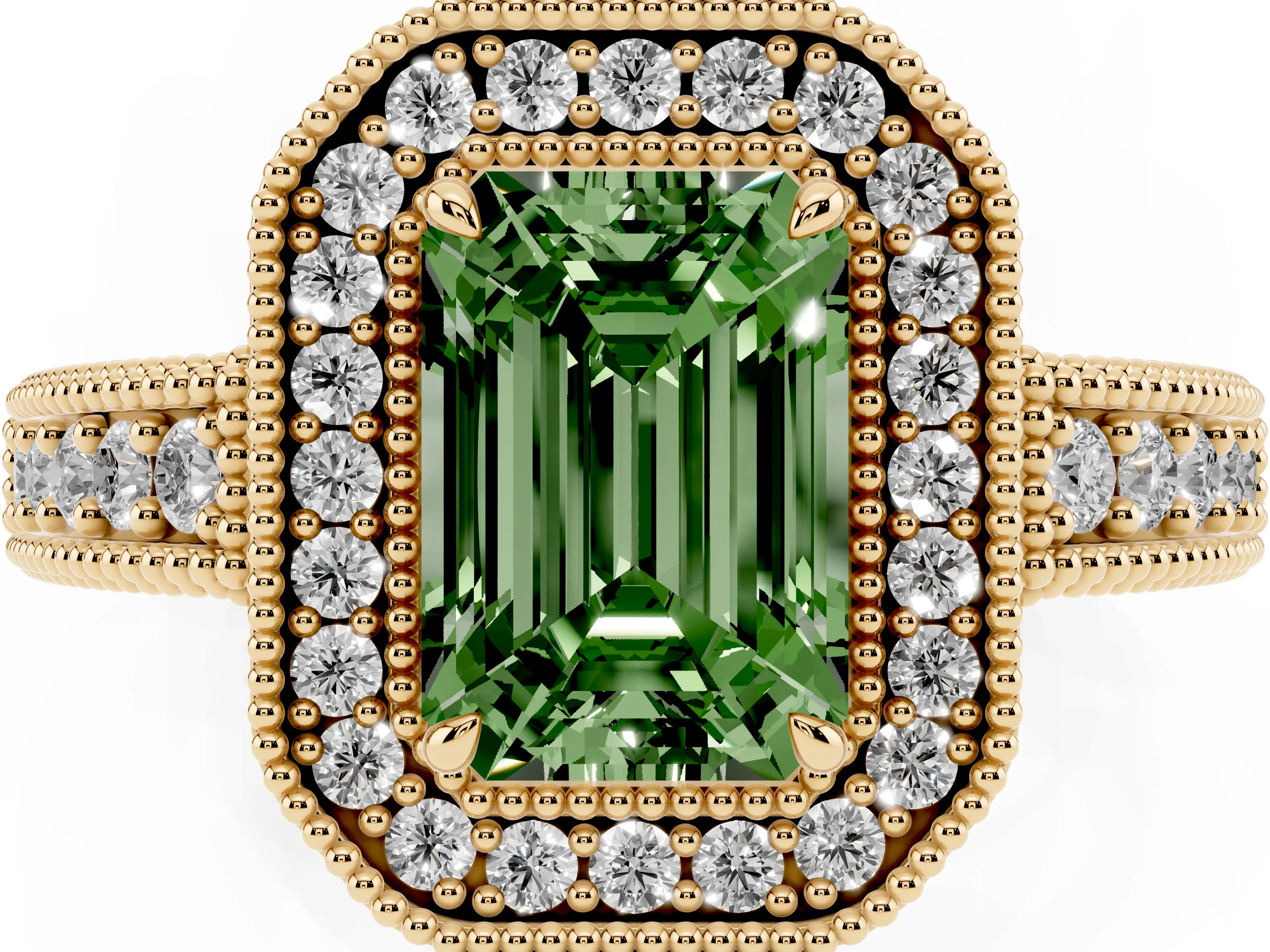 Fancy Green Emerald Cut Diamond Halo Ring Set in Yellow gold with Round Accent Halo, Pavé Band and Prong Setting