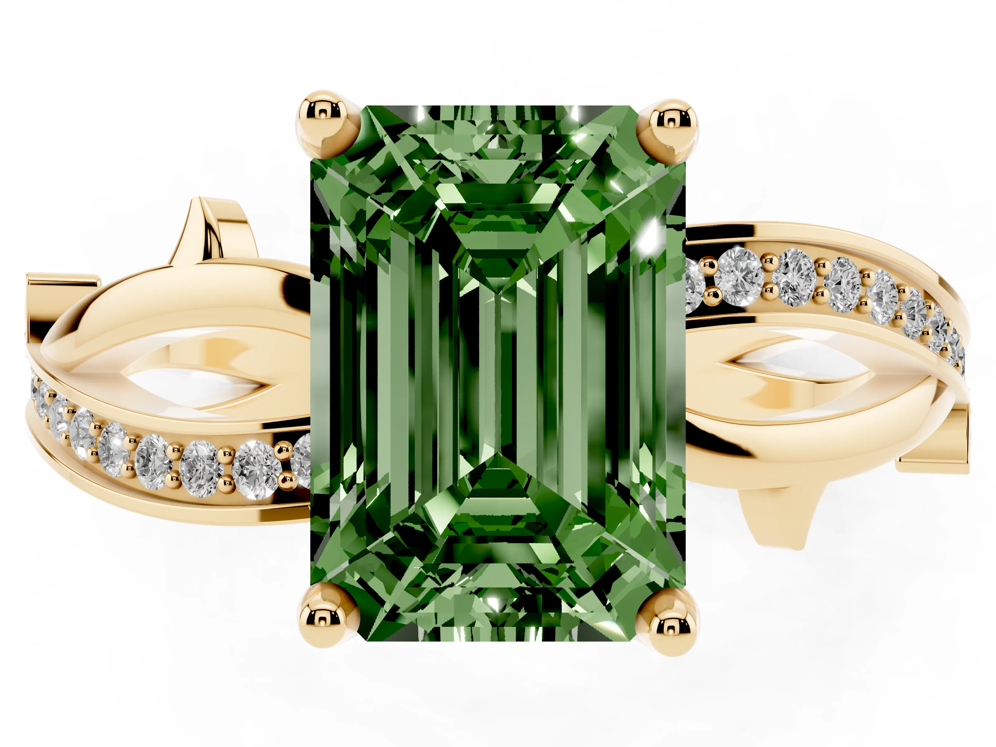 Fancy Green Emerald Cut Diamond Pavé Twist Band Solitaire Ring Set in Yellow gold with Prong Setting