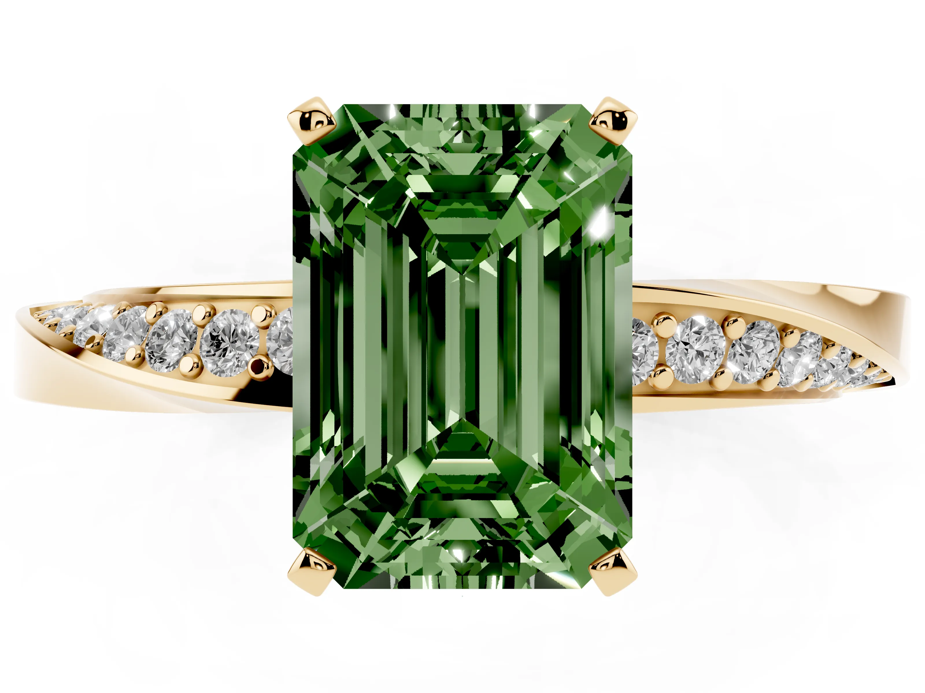 Fancy Green Emerald Cut Diamond Engagement Ring Set in Yellow gold with Side Stone Accents and Prong Setting