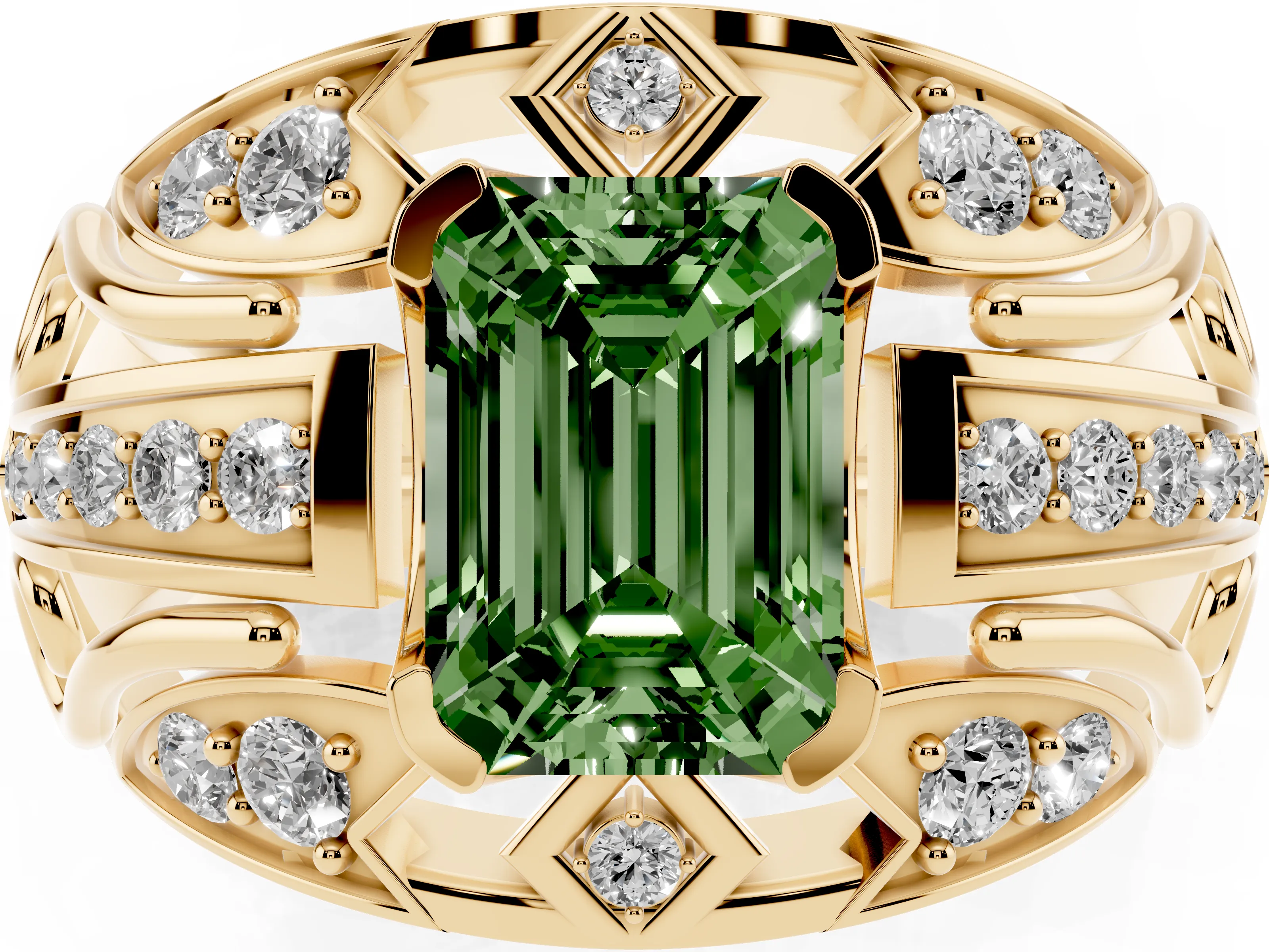 Fancy Green Emerald Cut Diamond Art Deco Ring Set in Yellow gold with Pavé Split Shank