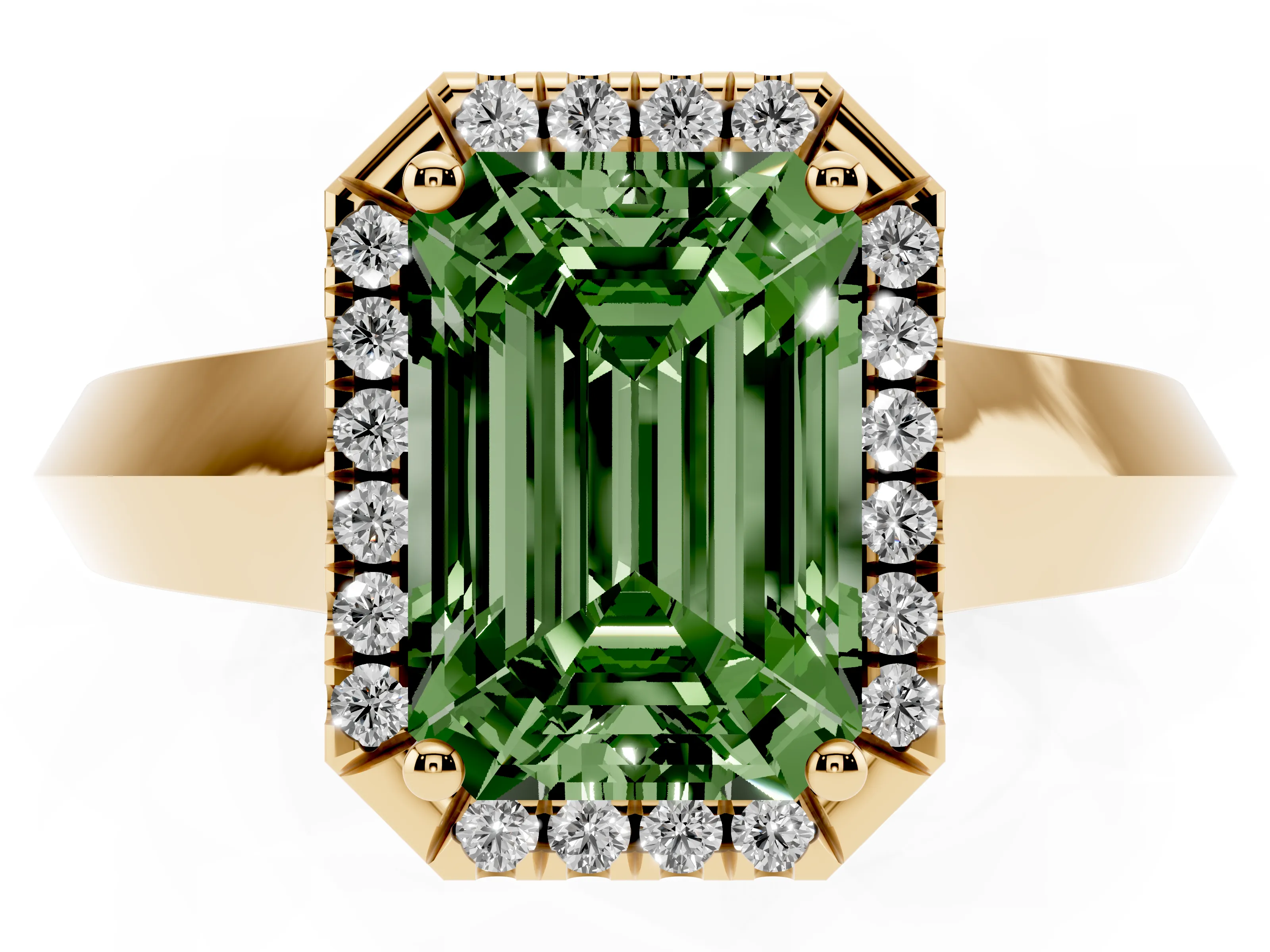 Fancy Green Emerald Cut Diamond Halo Ring Set in Yellow gold with Cathedral Band and Prong Setting