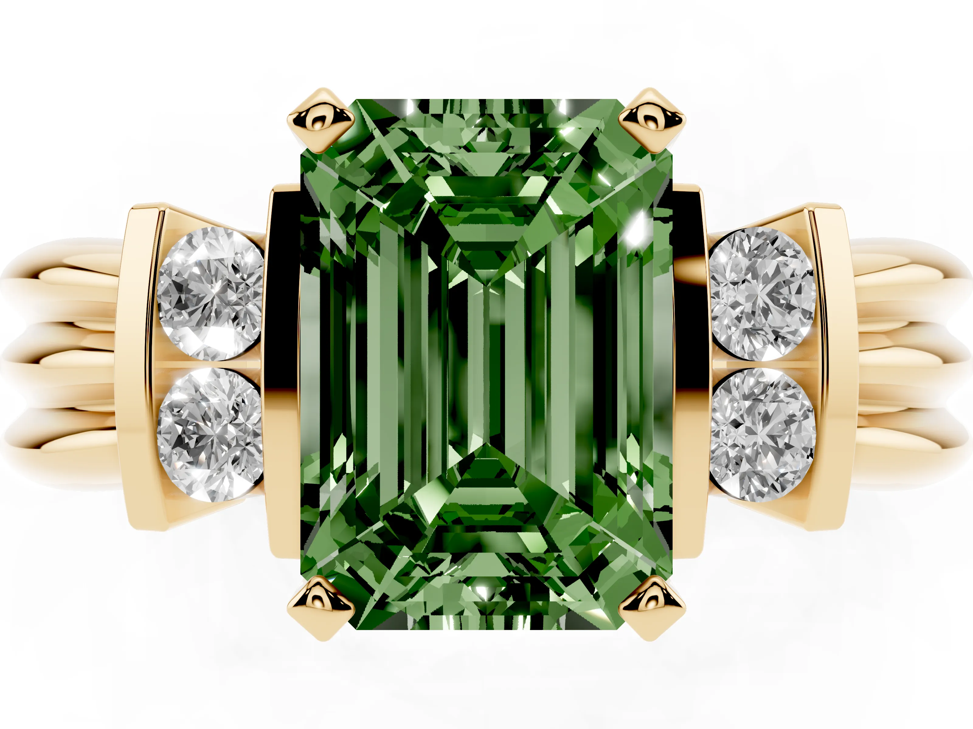 Fancy Green Three-Stone Emerald Cut Diamond Channel Set Ring Set in Yellow gold with Bar Prongs