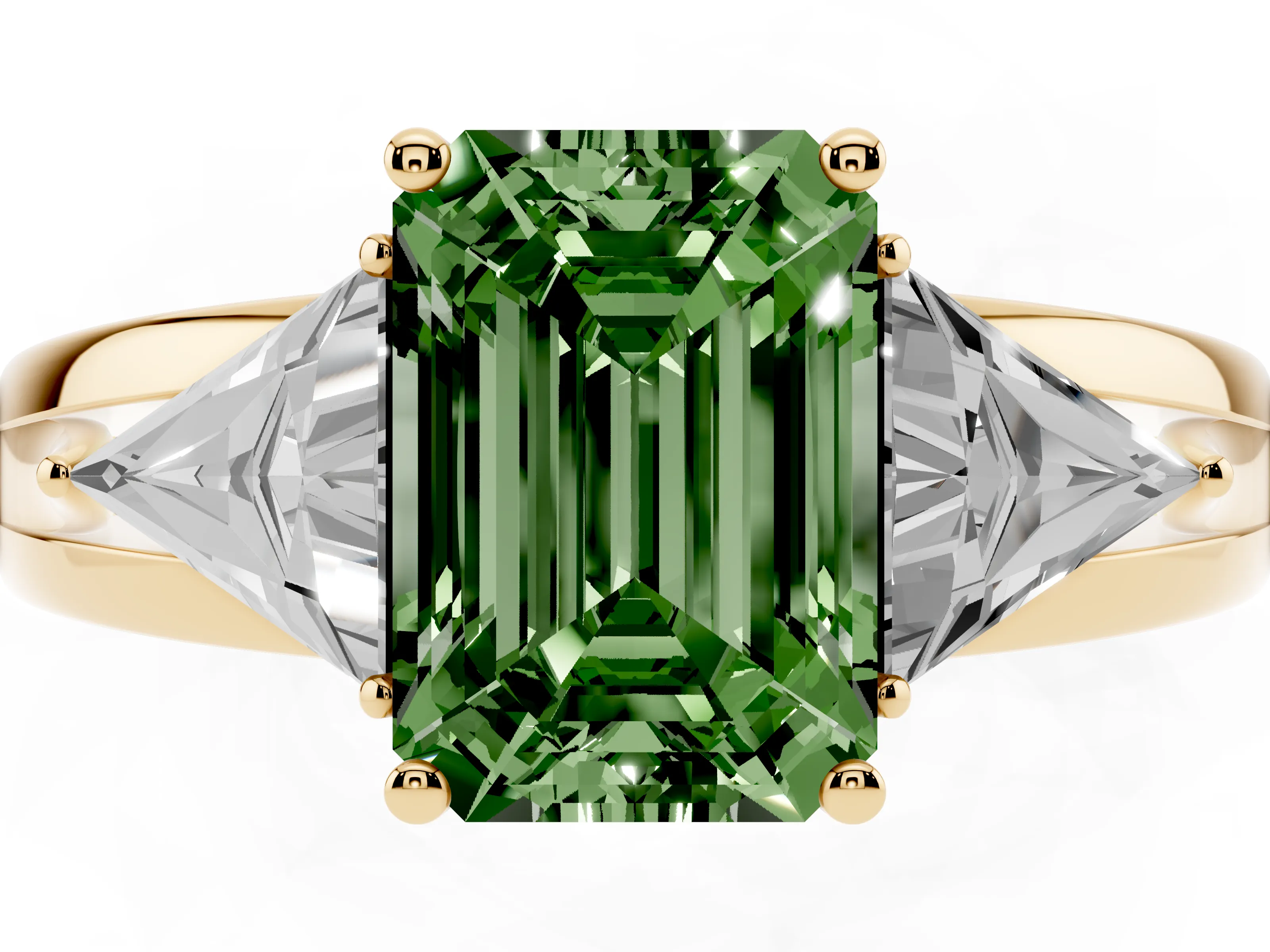 Fancy Green Emerald Cut Diamond Three-Stone Ring Set in Yellow gold with Trillion Side Stones and Split Shank