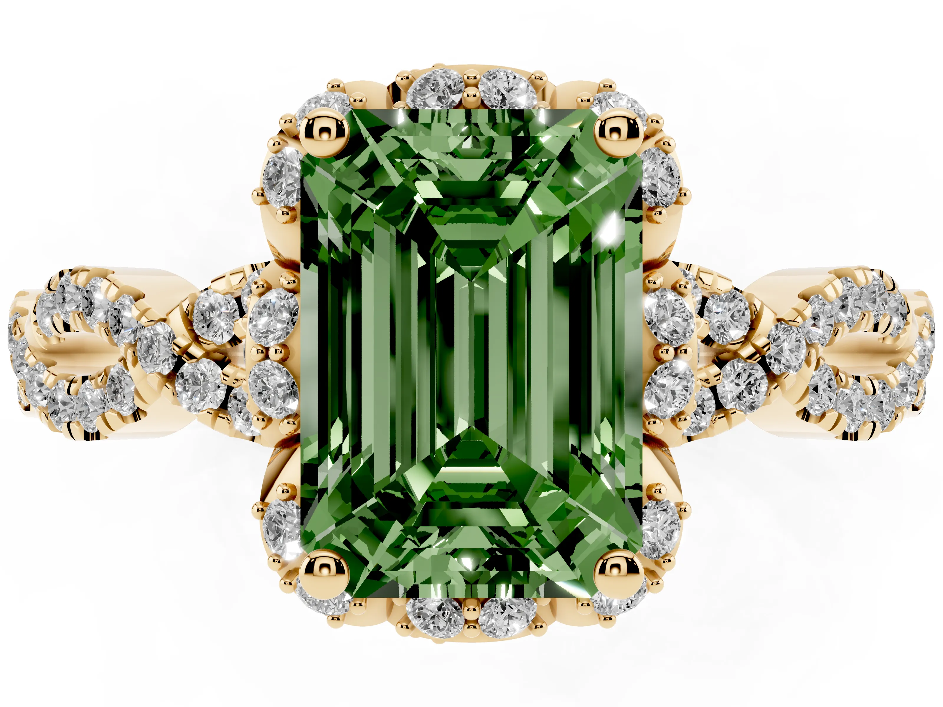 Fancy Green Emerald Cut Diamond Halo Twist Band Solitaire Ring Set in Yellow gold with Prong-Set Center Stone