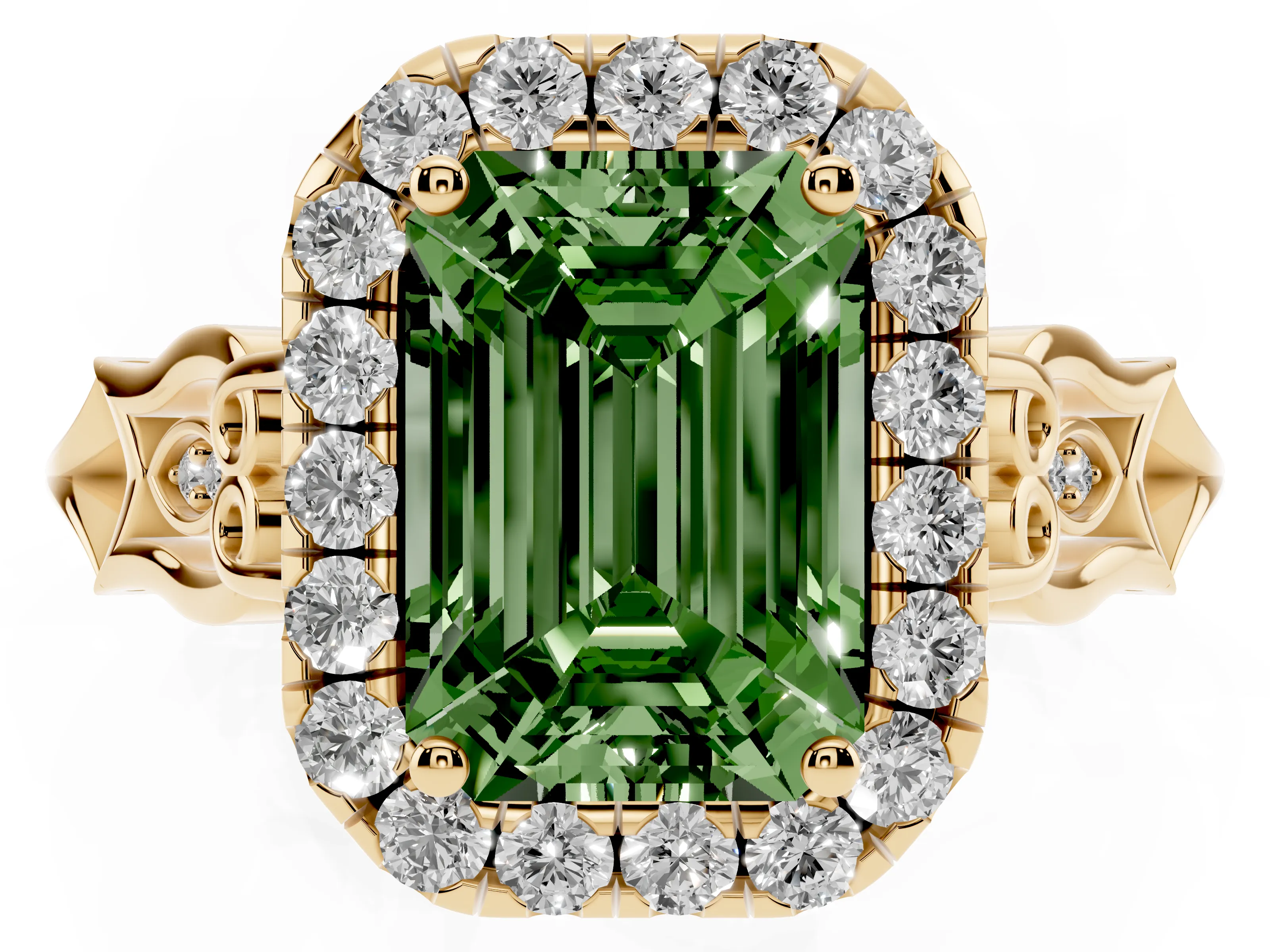Fancy Green Emerald Cut Diamond Halo Engagement Ring Set in Yellow gold with Filigree Band and Prong-Set Center